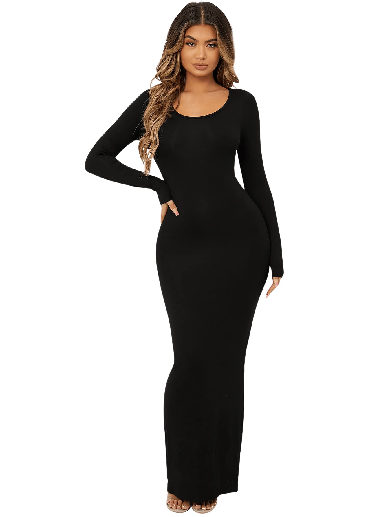 Solid Long Sleeve Scoop Neck Bodycon Pencil Maxi Dress