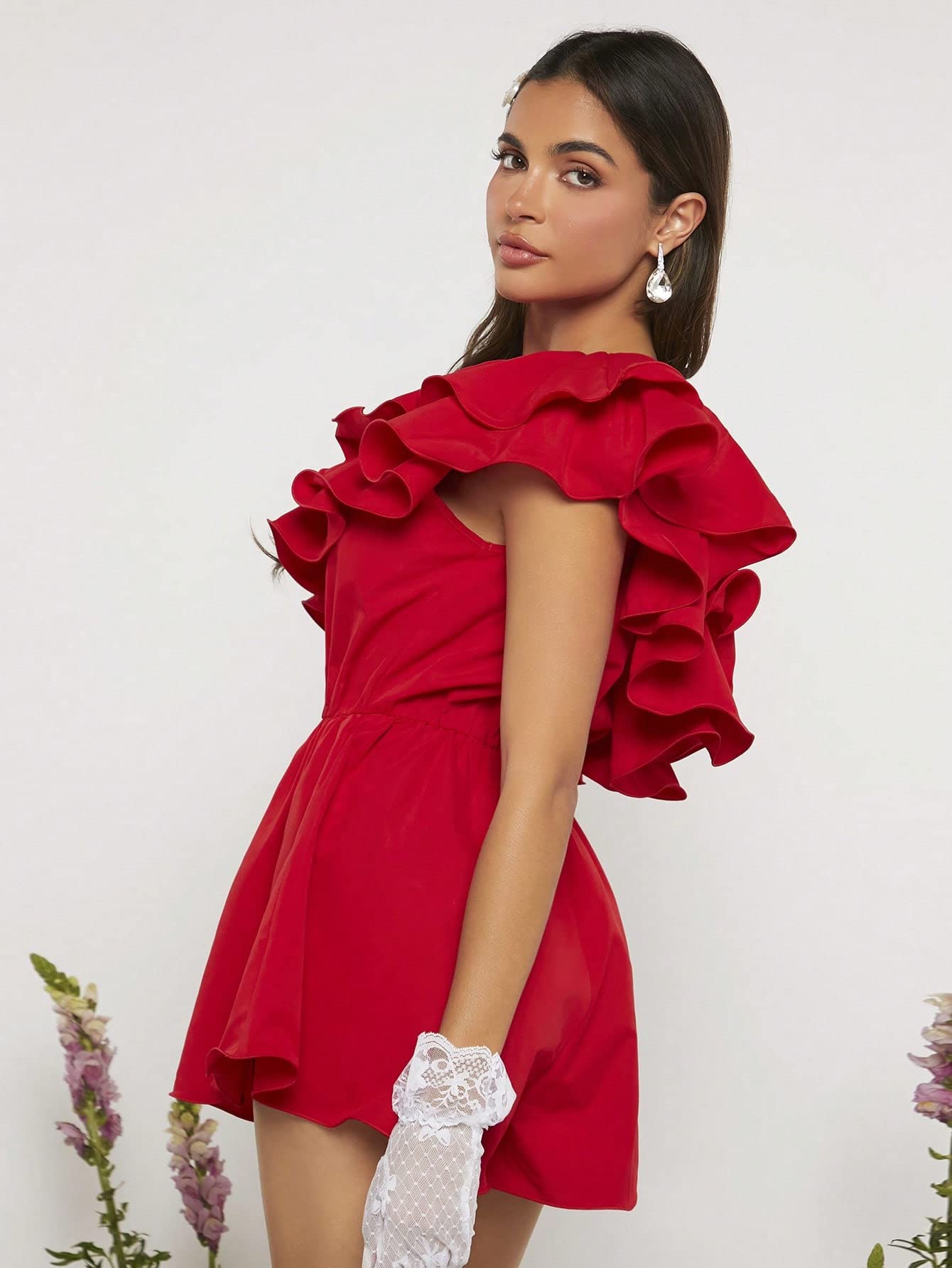 One Shoulder Layered Ruffle Trim Sleeveless Party Romper Shorts Jumpsuits