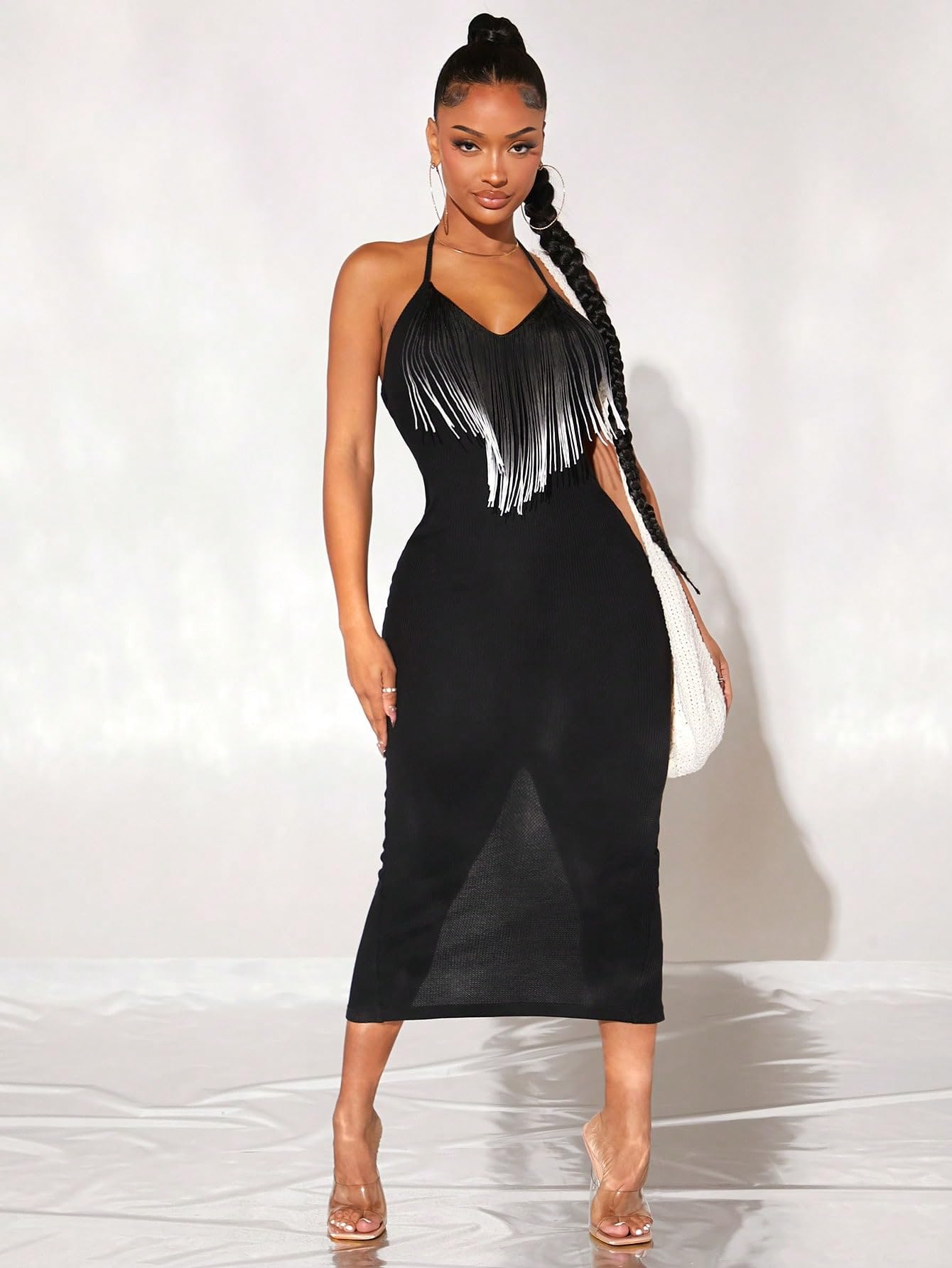 Fringe Trim Split Backless Halter Neck Sleeveless Party Bodycon Maxi Dress