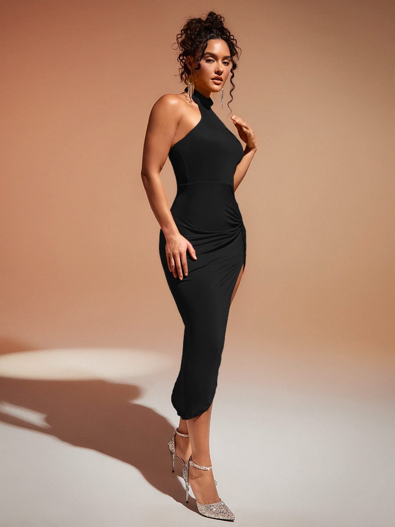 Twist Front Split Thigh Sleeveless Halter Neck Backless Party Bodycon Dress