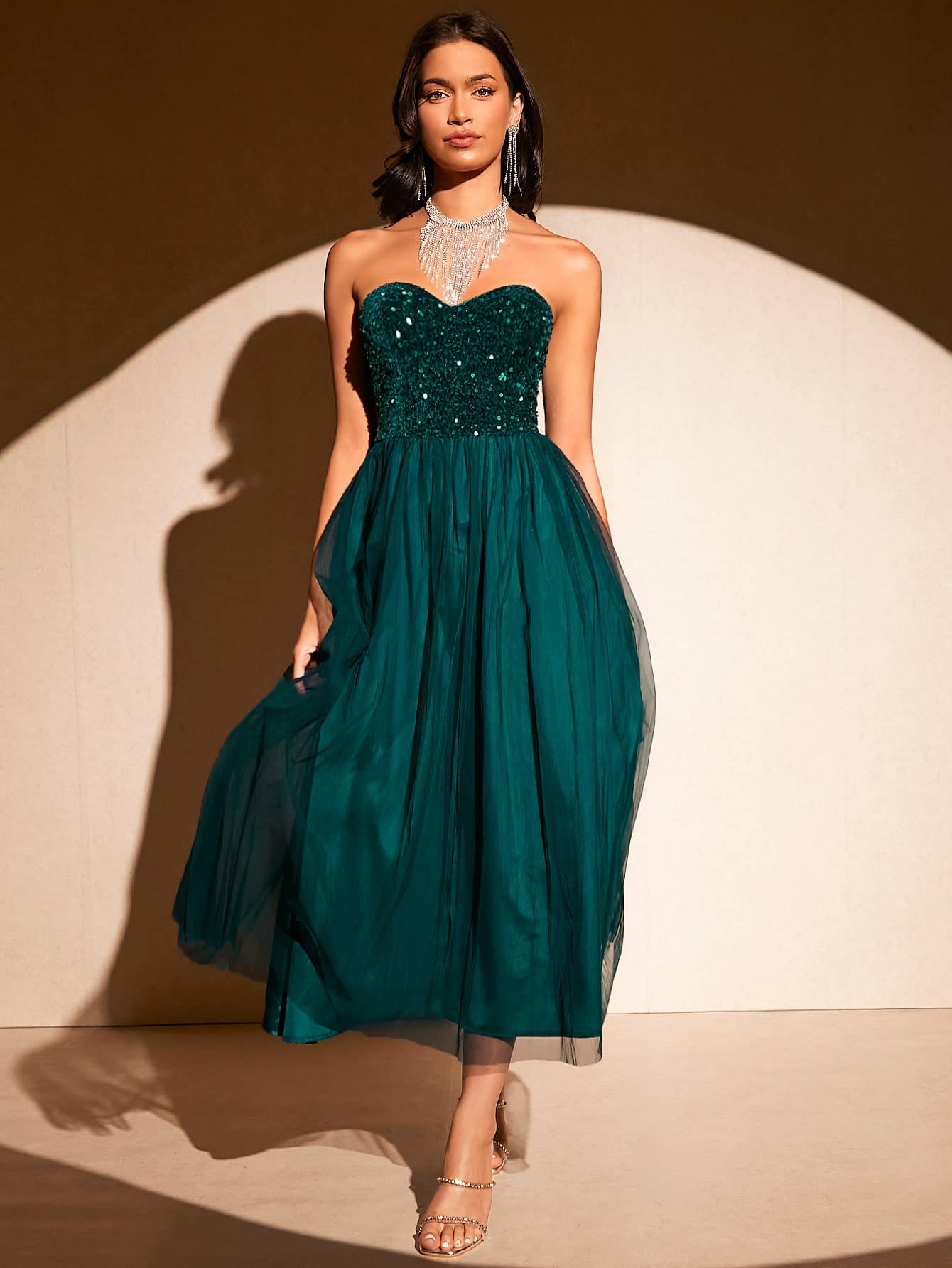 Solid Mesh Strapless Backless Tube Bodycon Party Midi Club Dress