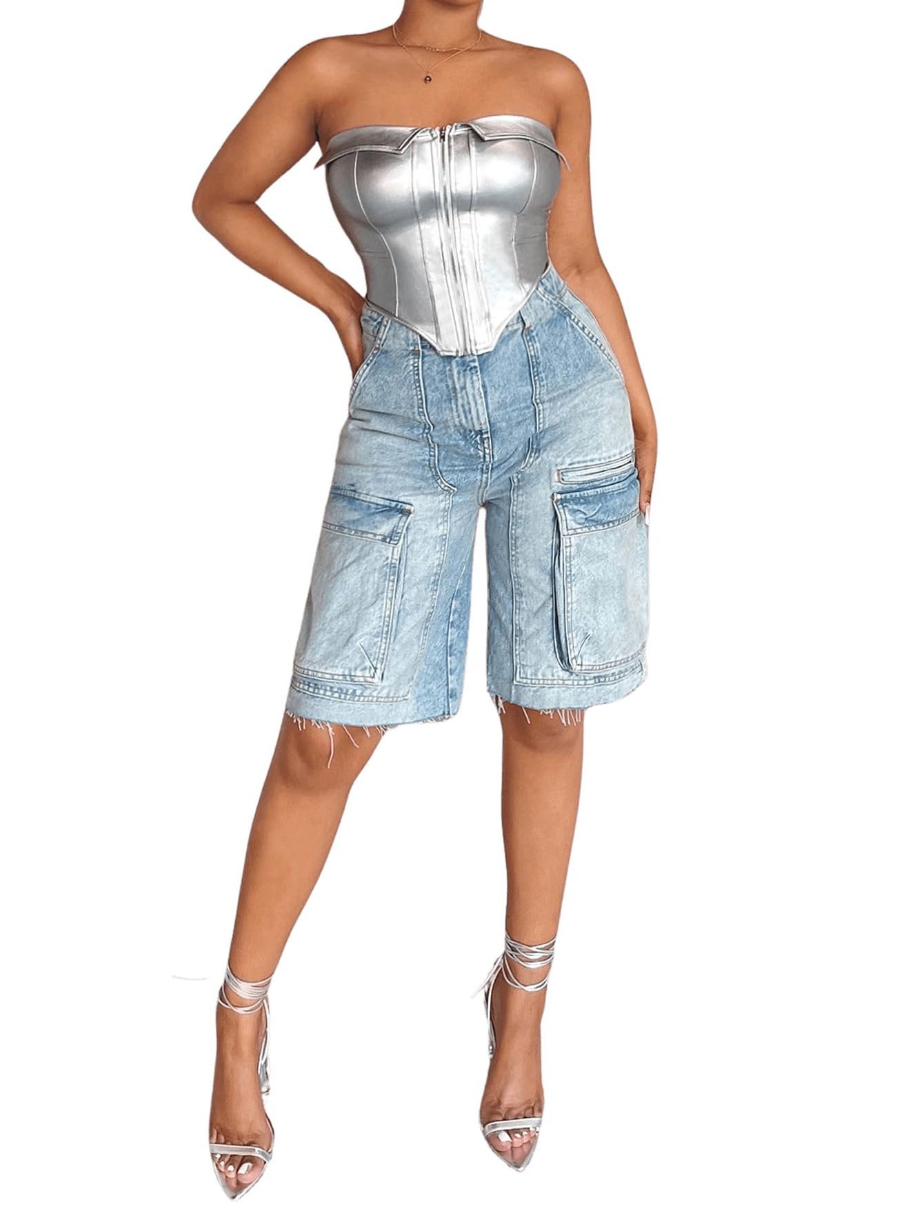 Metallic Corset Tops Strapless Bandeau Tube Tops Sleeveless Asymmetrical Concert Crop Tops