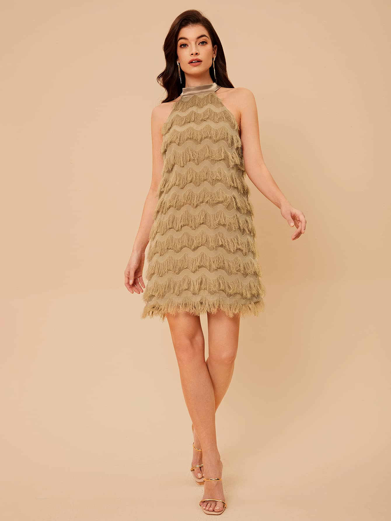 Fringe Trim Halter Sleeveless Party Straight Short Dress
