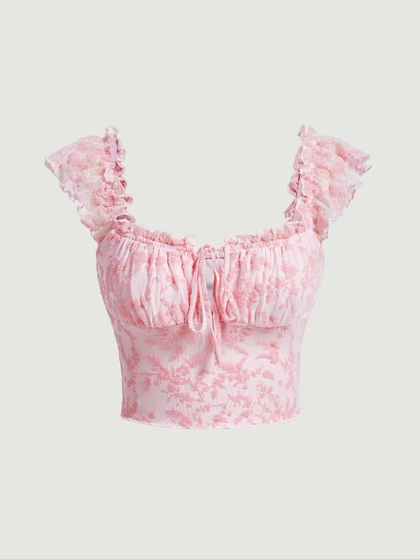 Floral Ruched Bust Sweetheart Neck Tie Front Crop Tee Cap Sleeve Bodycon Summer Going Out Top