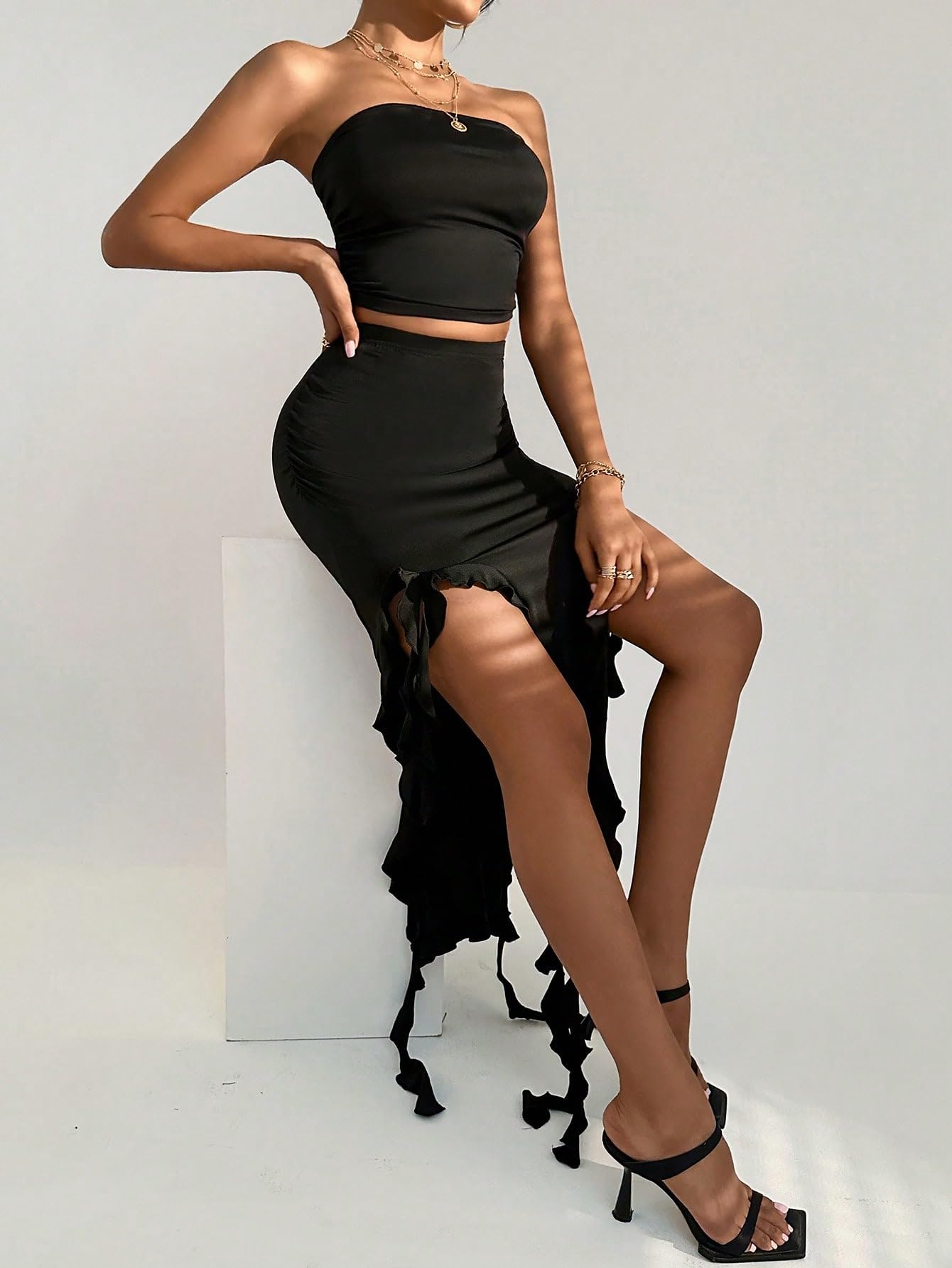 2 Piece Outfits Solid Tube Top and Ruffle Trim Asymmetrical Hem Skirt Sets