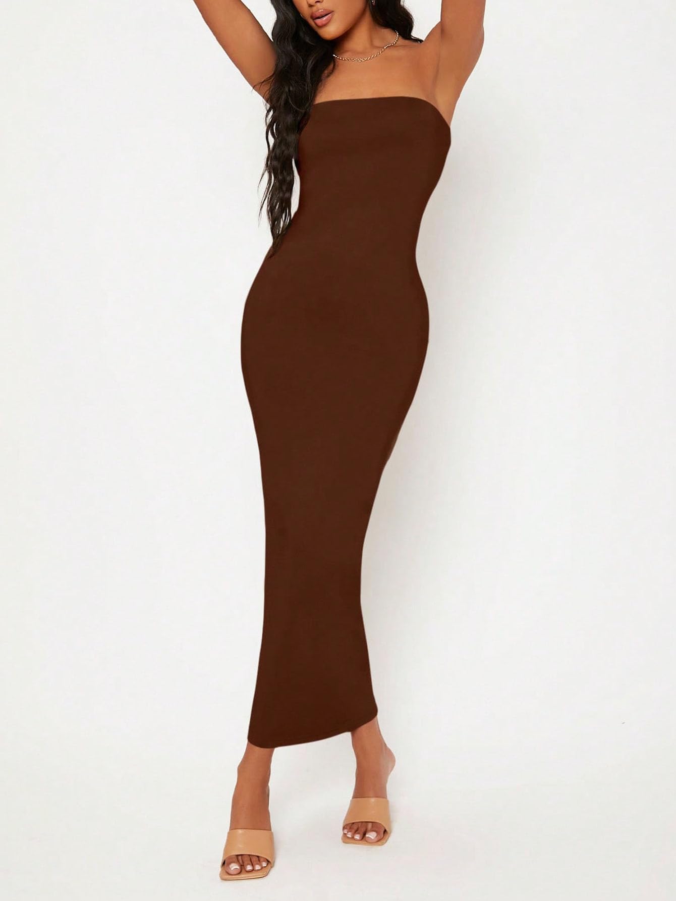 Solid Strapless Sleeveless Bandeau Tube Top Bodycon Maxi Dress