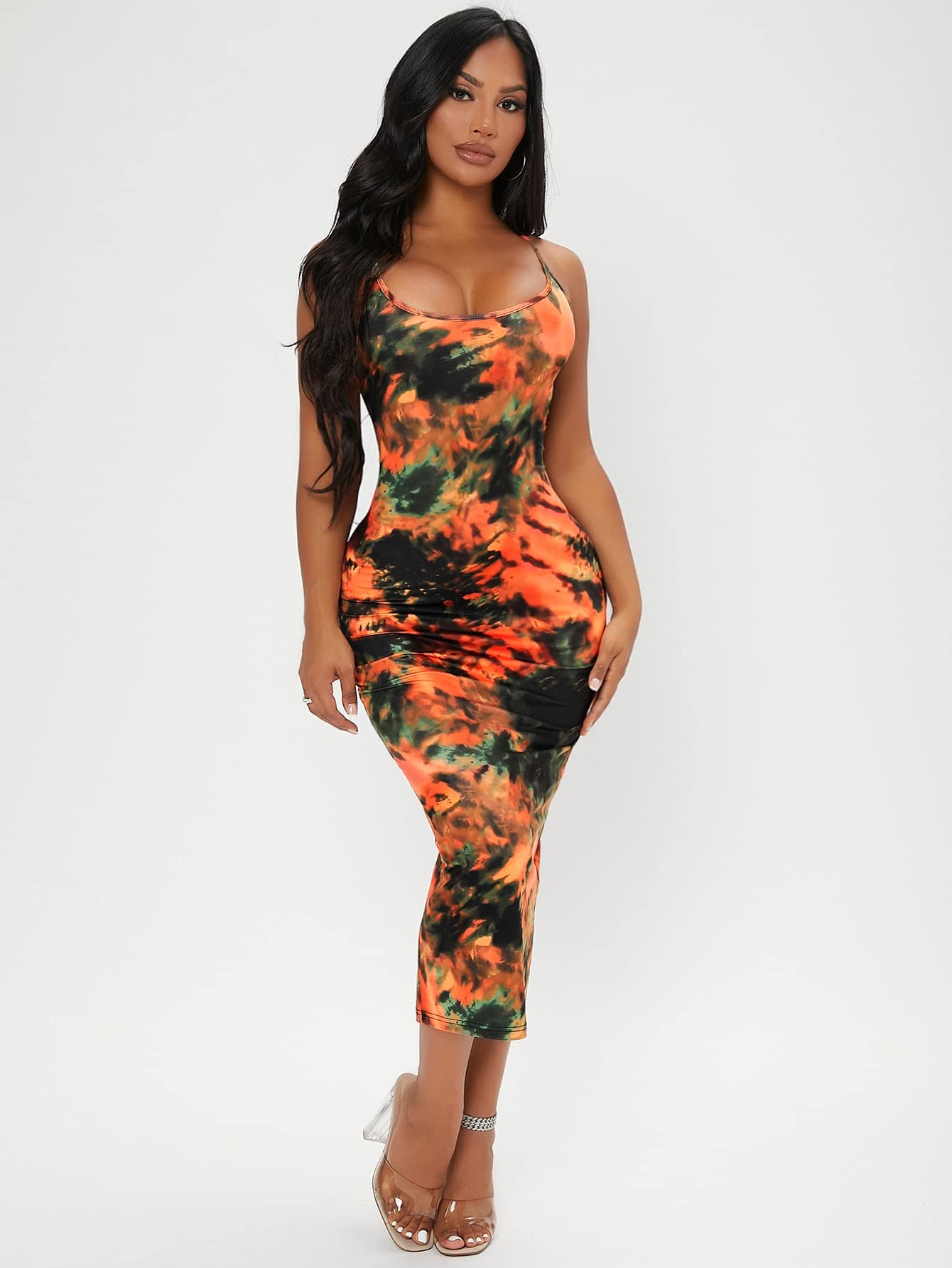 Tie Dye Spaghetti Strap Slim Fit Long Bodycon Pencil Cami Dress