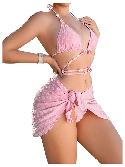 3 Piece Swimsuit Halter Tie Side Cute Triangle Bikini Set with Beach Skirt