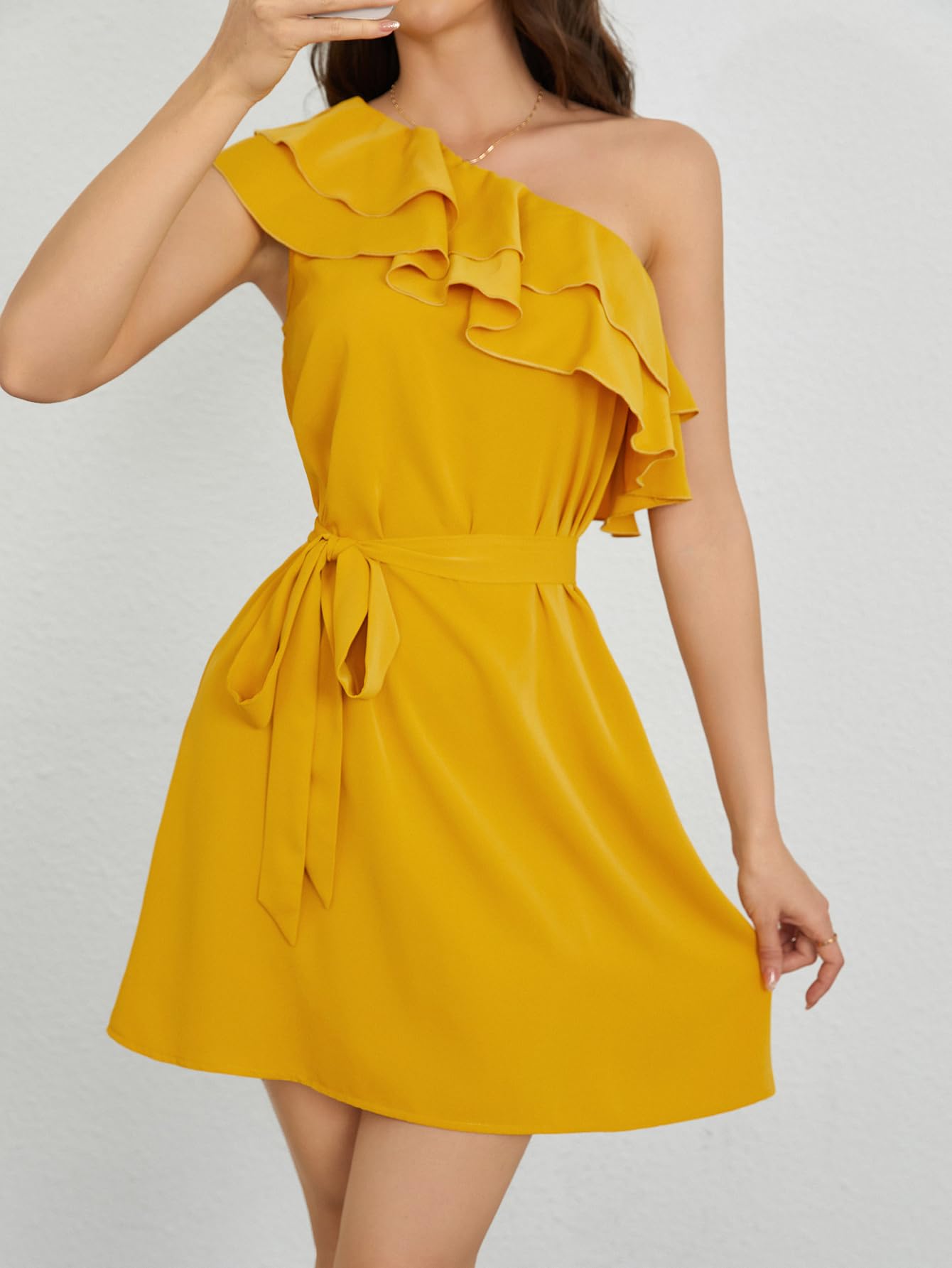 One Shoulder Tiered Layered Sleeveless Ruffle Trim Tunic Dress