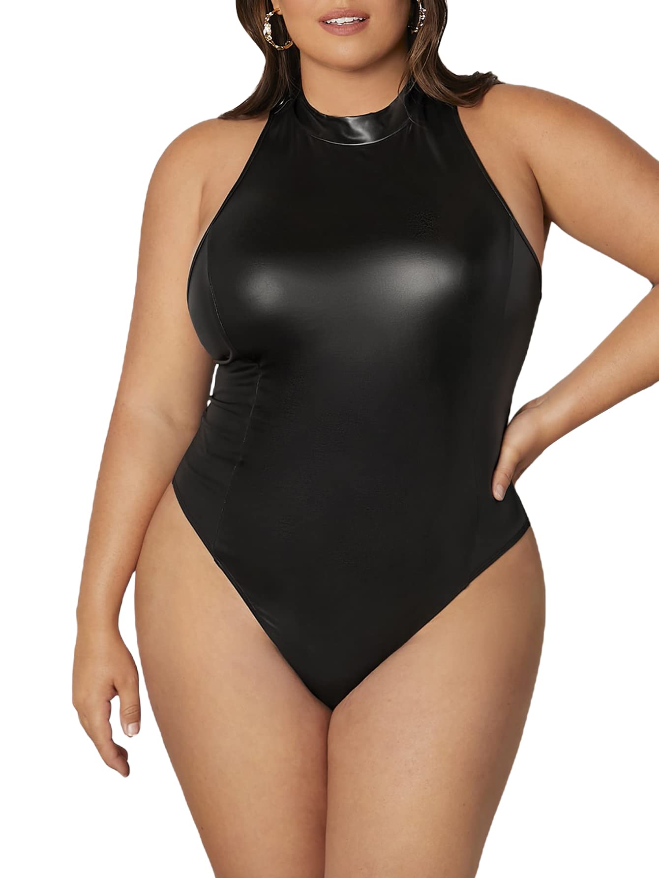 Faux PU Leather Sleeveless Mock Neck Bodysuit Tank Top