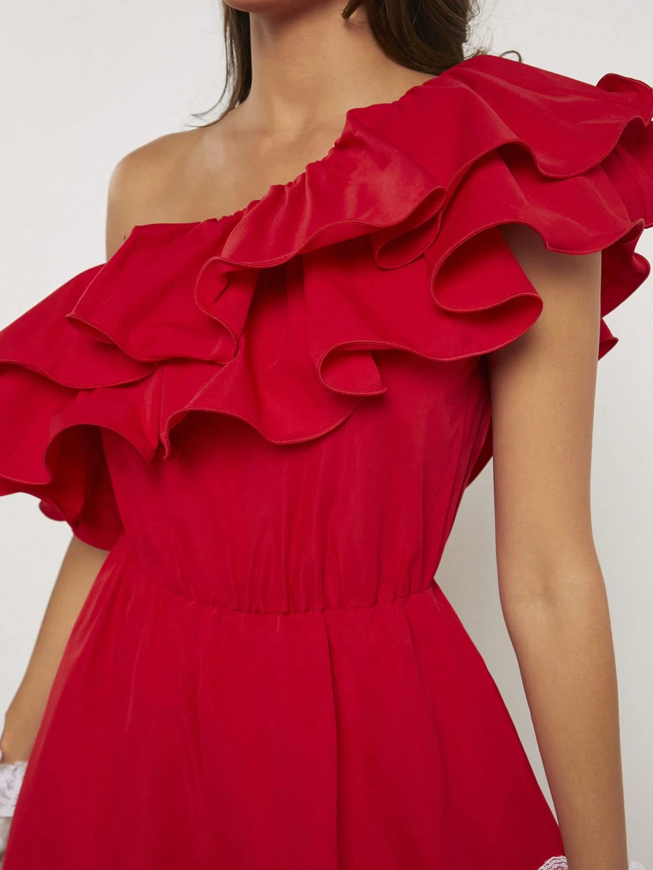 One Shoulder Layered Ruffle Trim Sleeveless Party Romper Shorts Jumpsuits