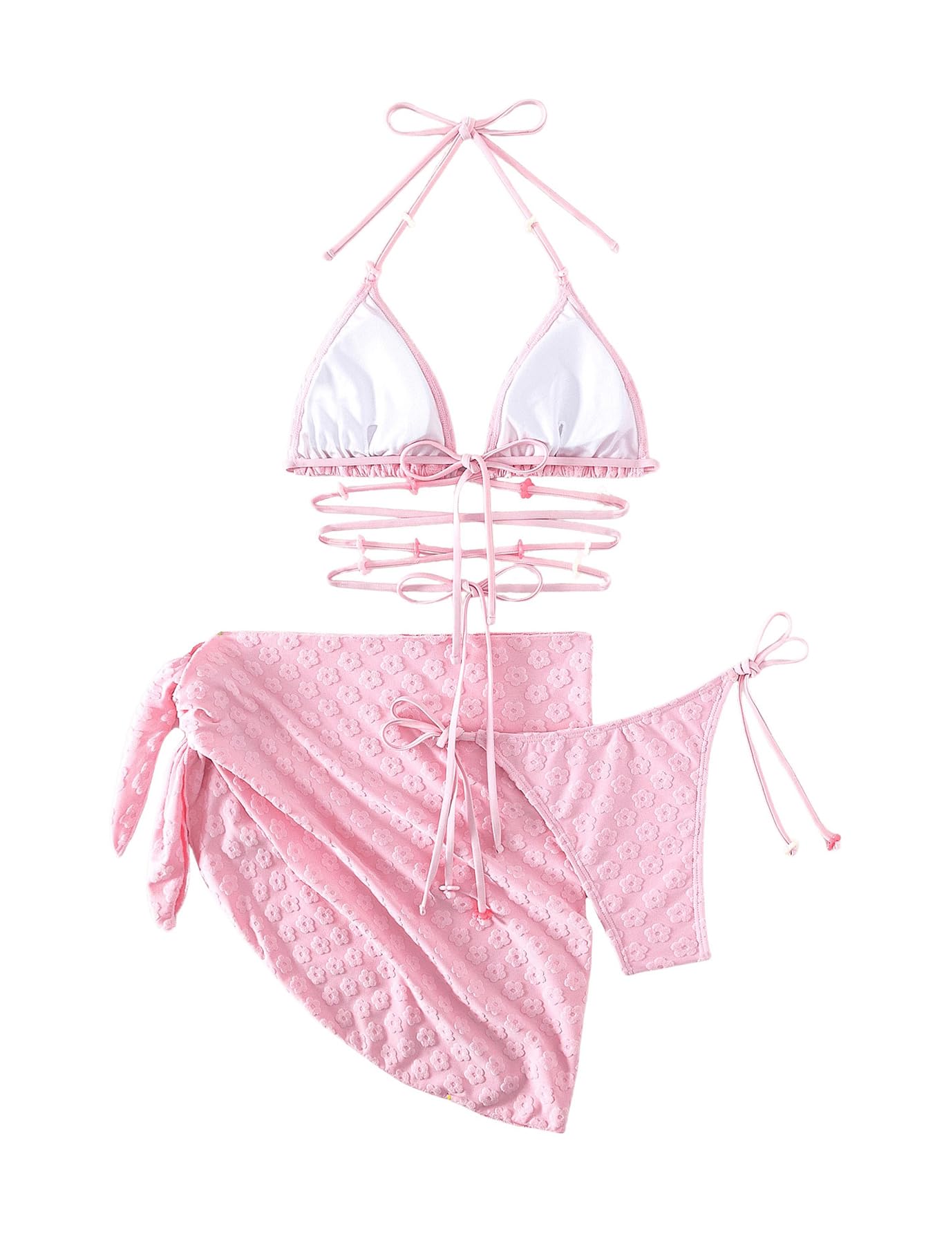 3 Piece Swimsuit Halter Tie Side Cute Triangle Bikini Set with Beach Skirt