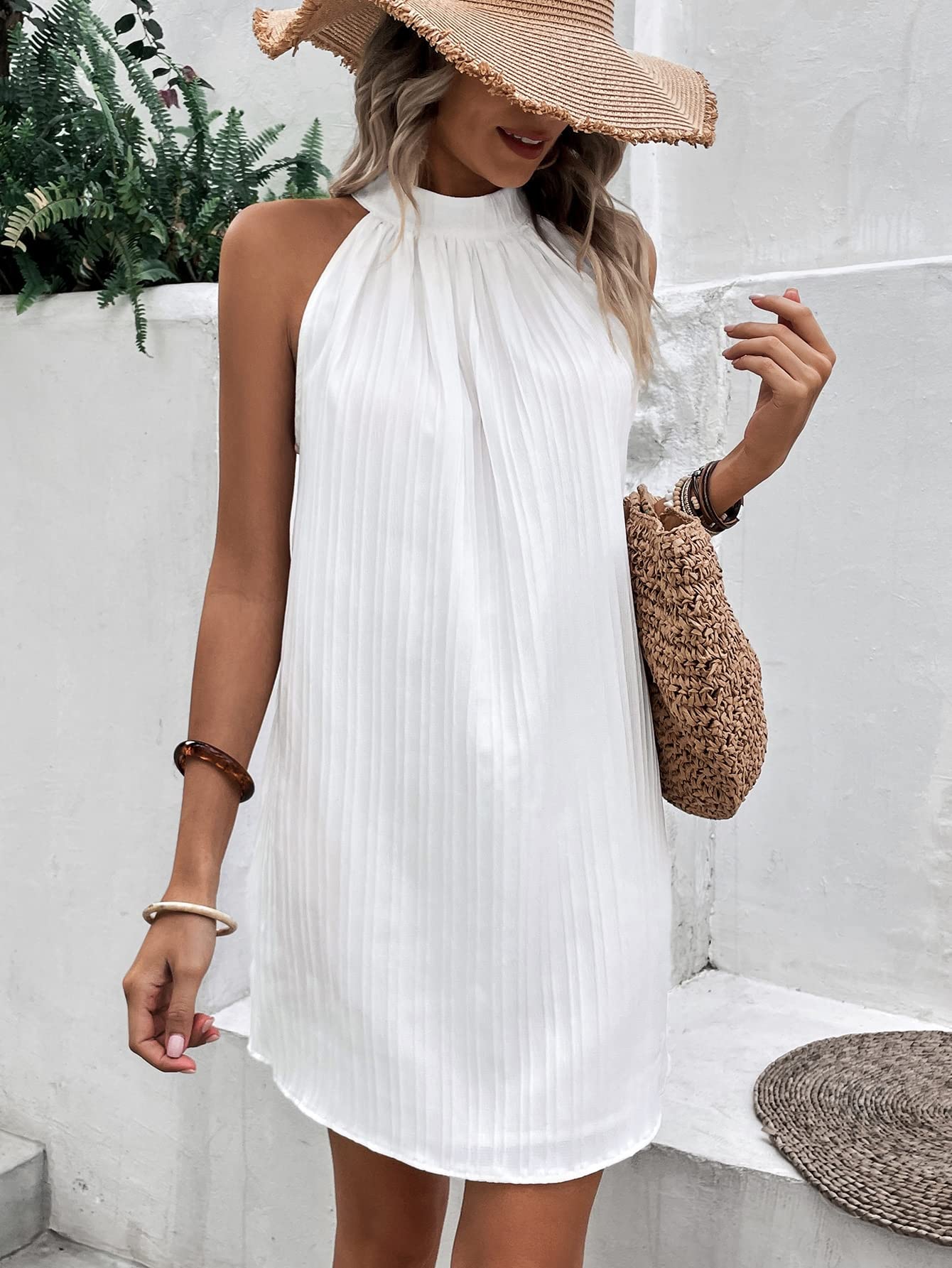 Halter Sleeveless Tie Back Casual Dress Mini Swing Pleated A-Line Loose Dress