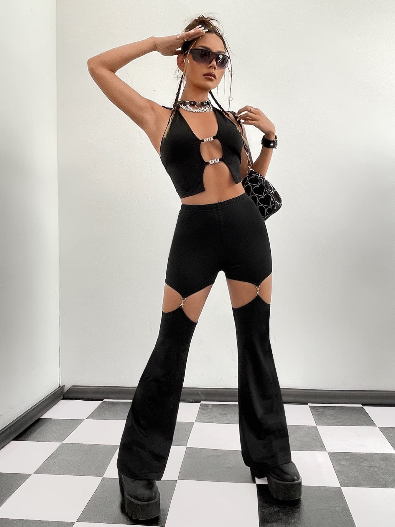 Leggings for Women Cut Out Removable Flare Pants High Waisted Bell Bottom Pants Elastic for Concert Night Out