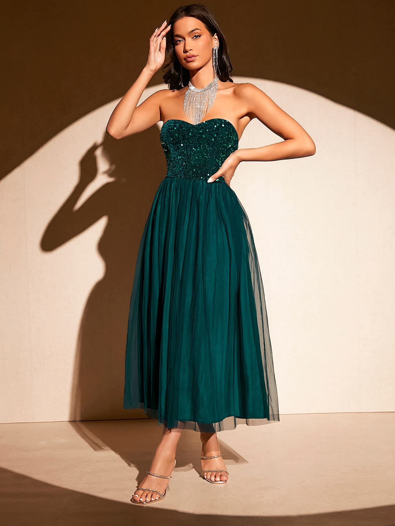Solid Mesh Strapless Backless Tube Bodycon Party Midi Club Dress