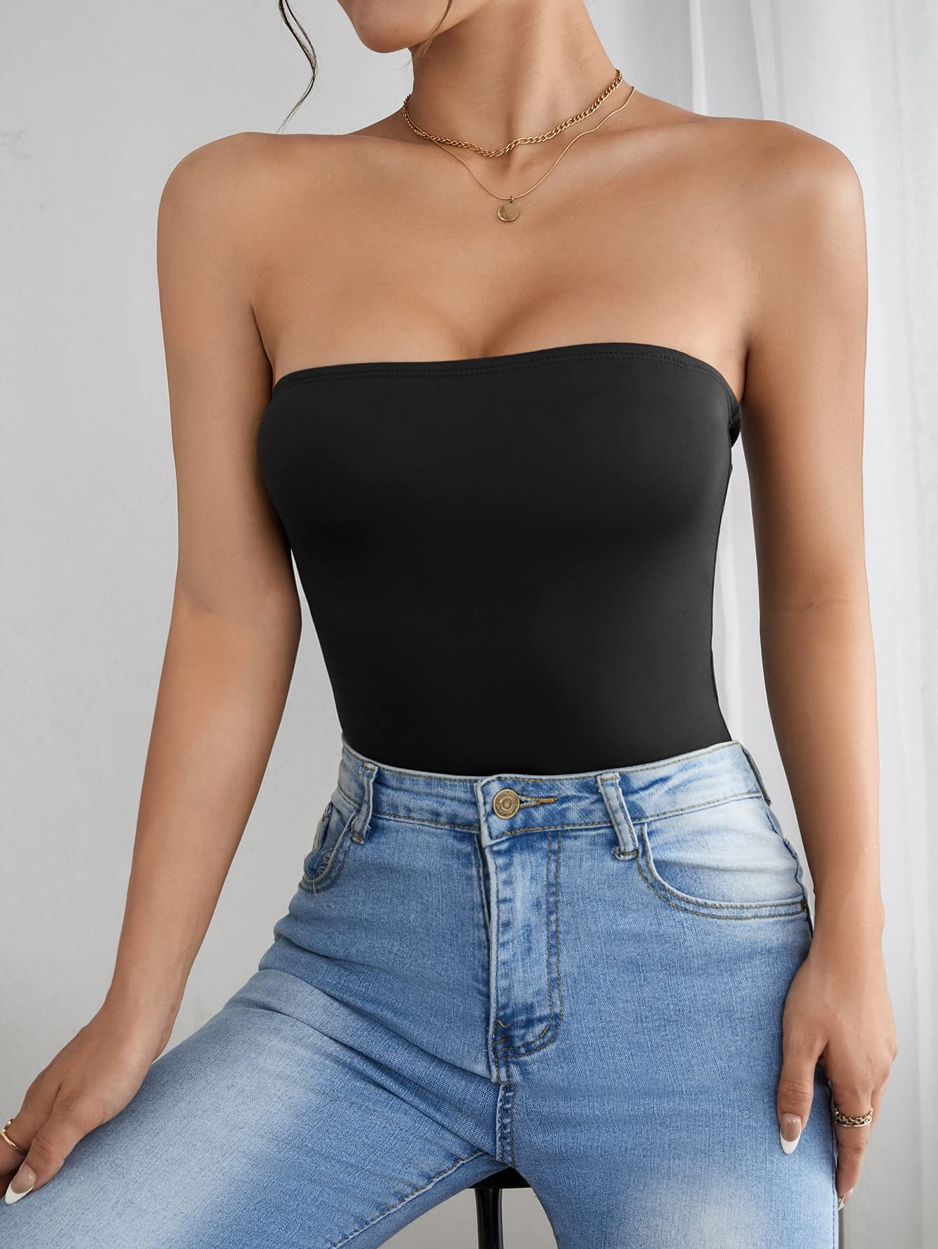 Women's Strapless Tube Bodysuit Tops Sleeveless Solid Leotard