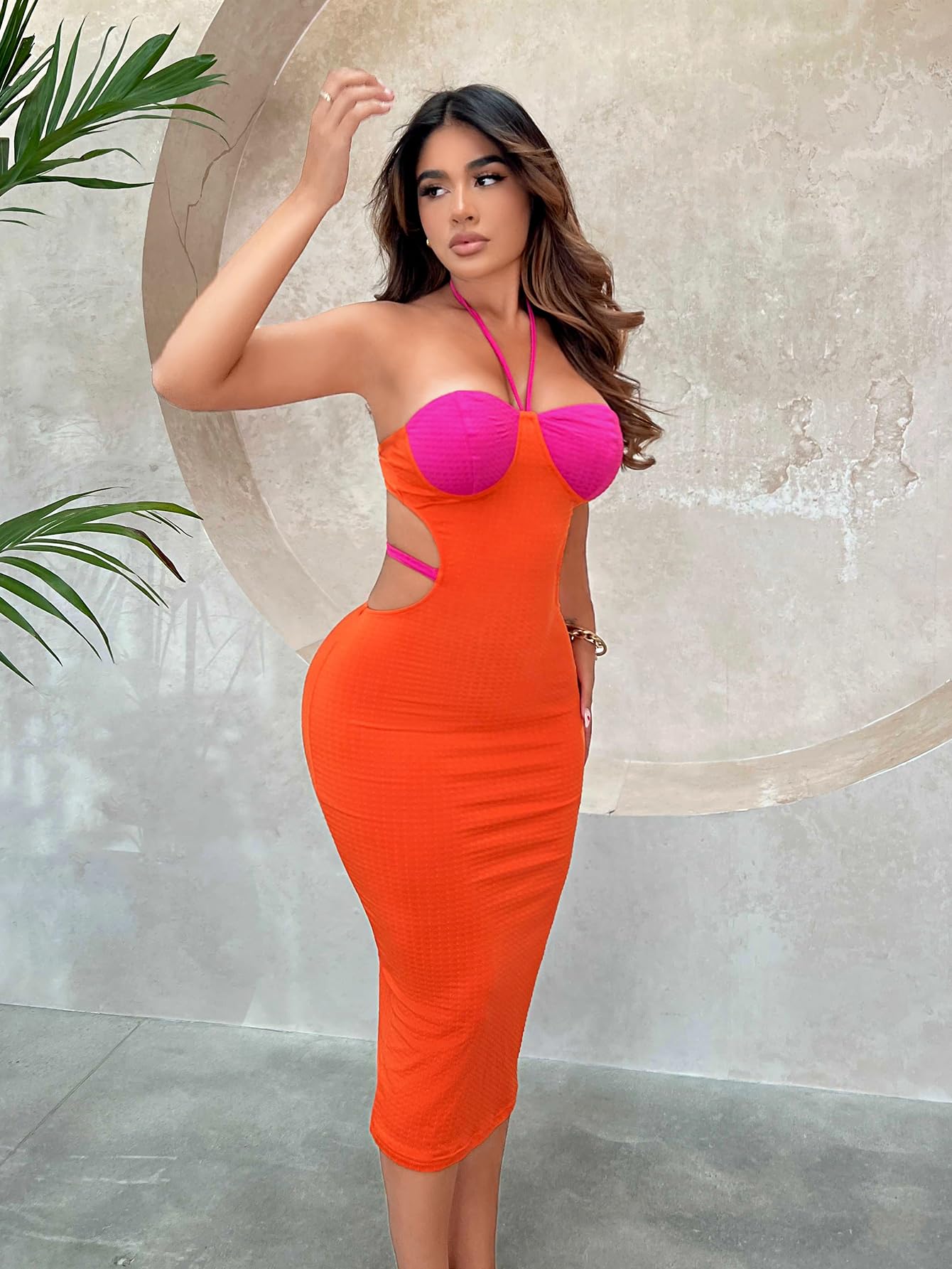 Two Tone Cut Out Tie Backless Halter Sleeveless Pencil Hem Bodycon Midi Dress