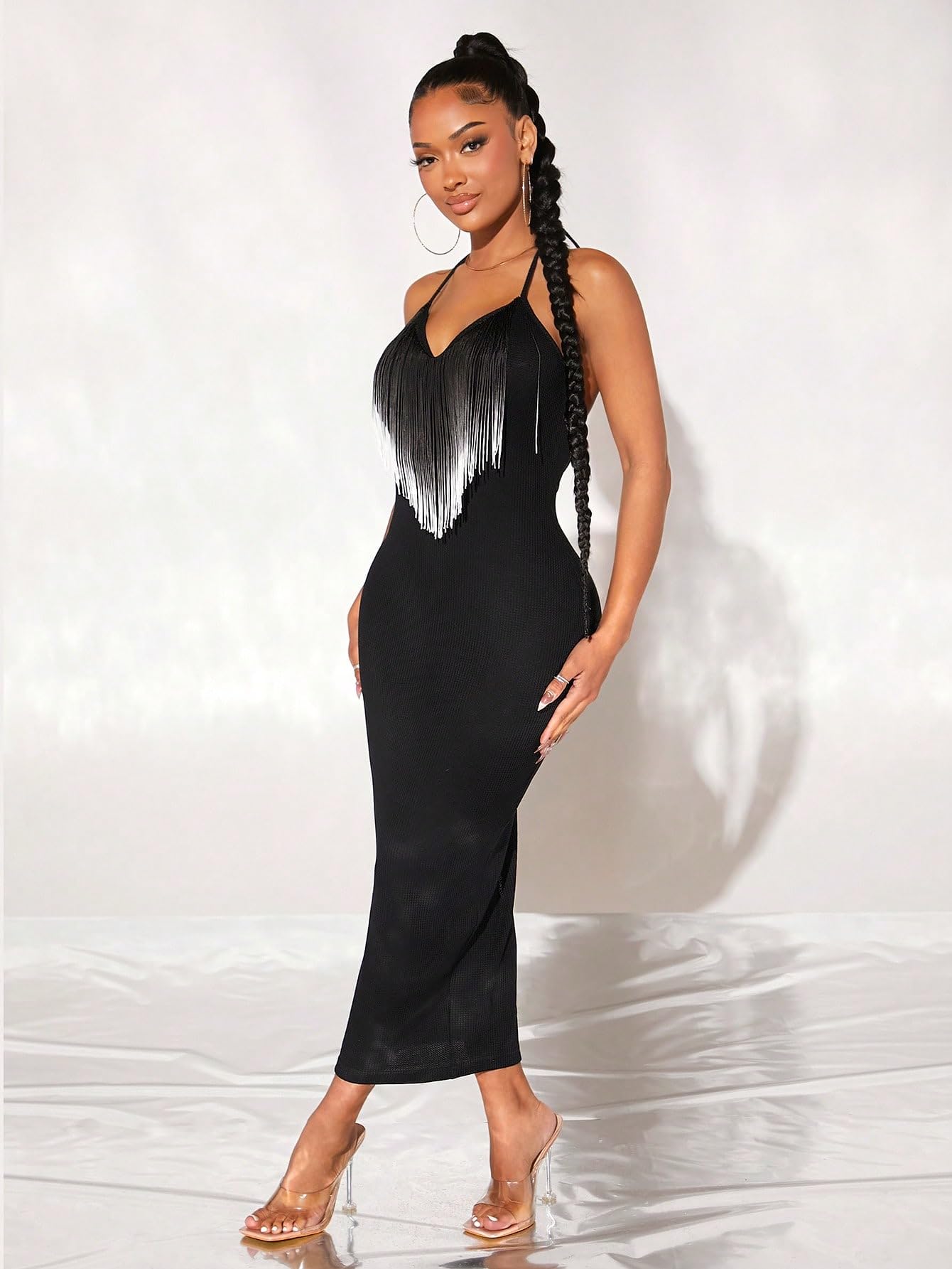 Fringe Trim Split Backless Halter Neck Sleeveless Party Bodycon Maxi Dress