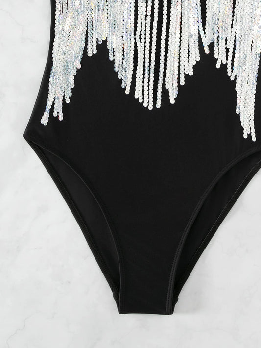 Summer Beach Fringe Trim One Piece Swimsuit