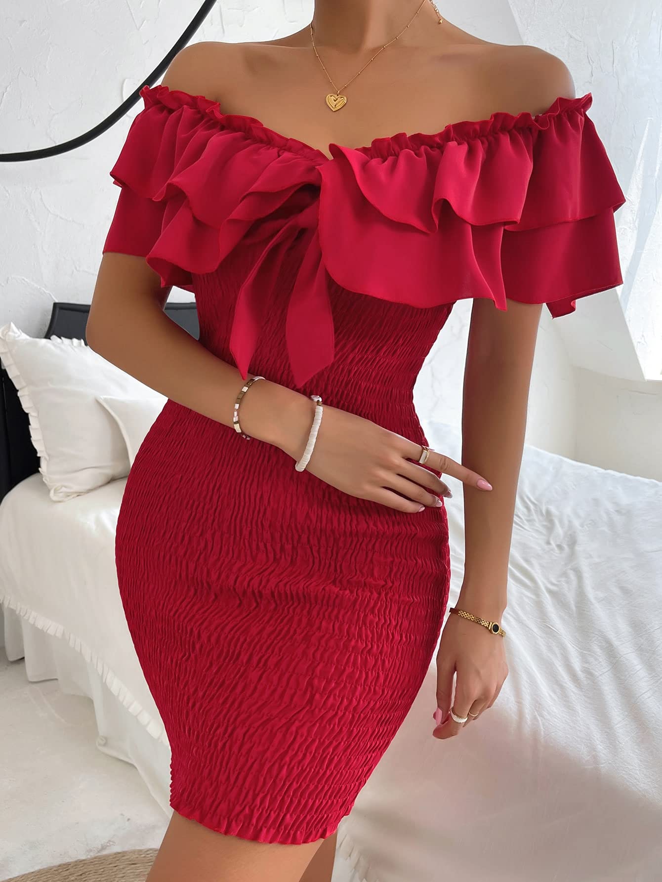 Off Shoulder Tie Front Layer Ruffle Trim Ruched Bodycon Butterfly Sleeve Mini Dress