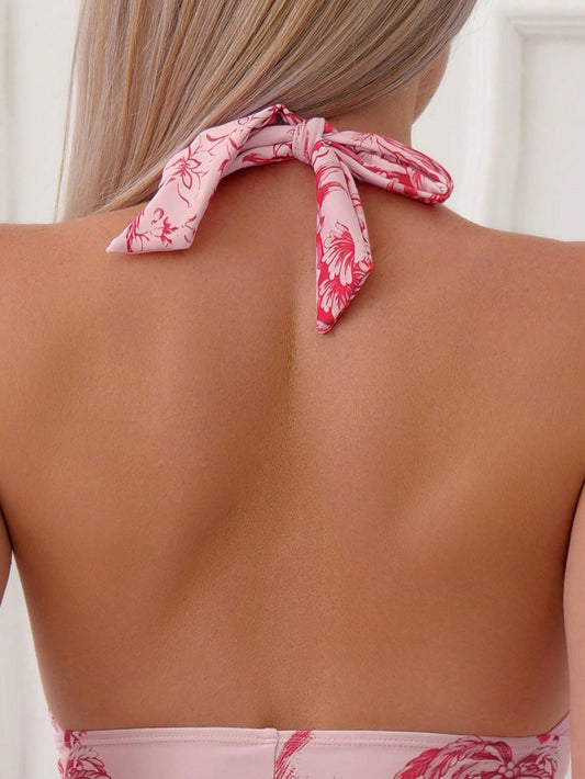 Tropical Print Deep V Neck Backless Ruched Halter One Piece Swimsuit Bathing Suit