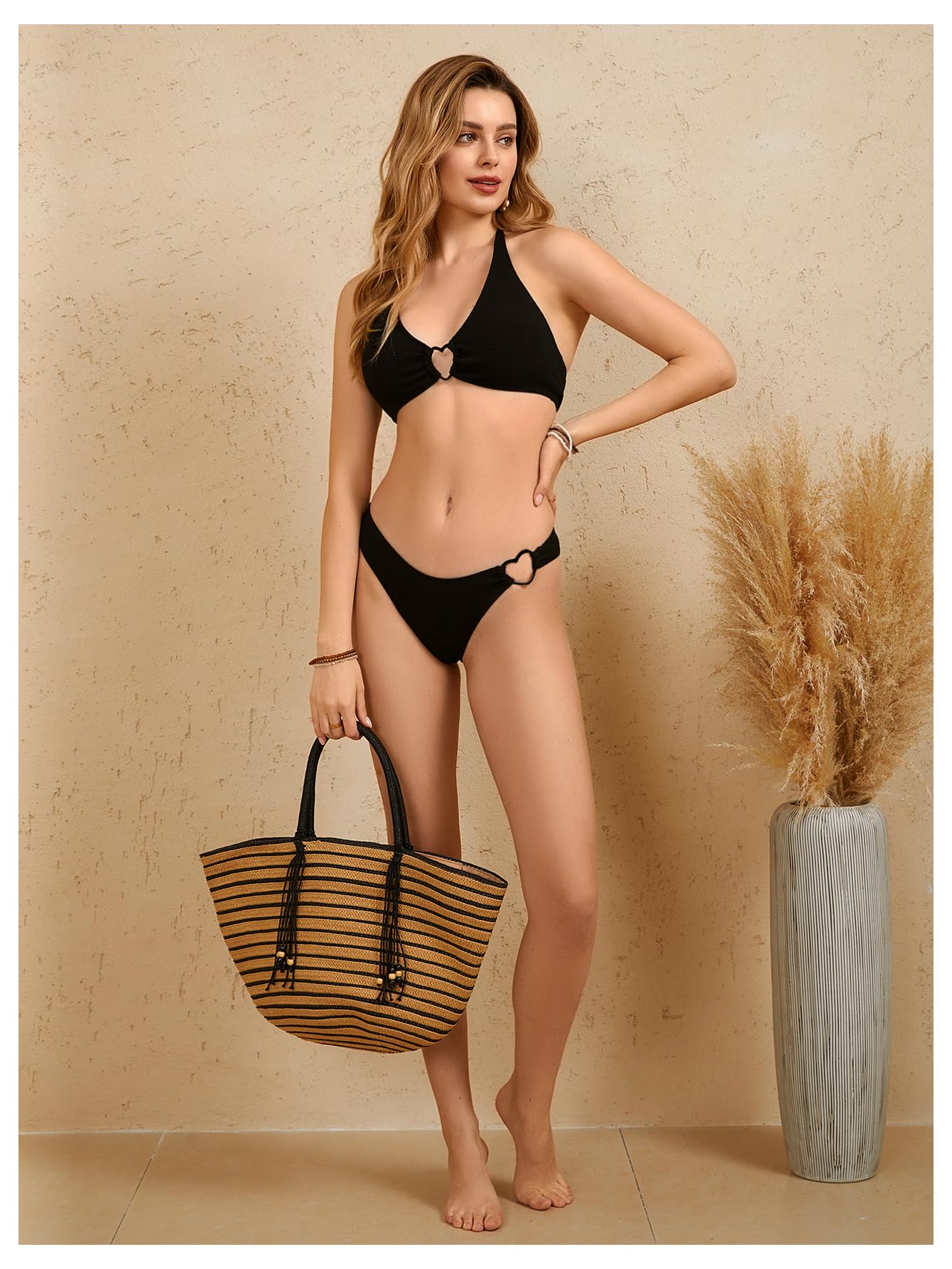 2 Pieces Bikini Swimsuit Set Cute Heart Ring Textured Halter Bikini Swimwear