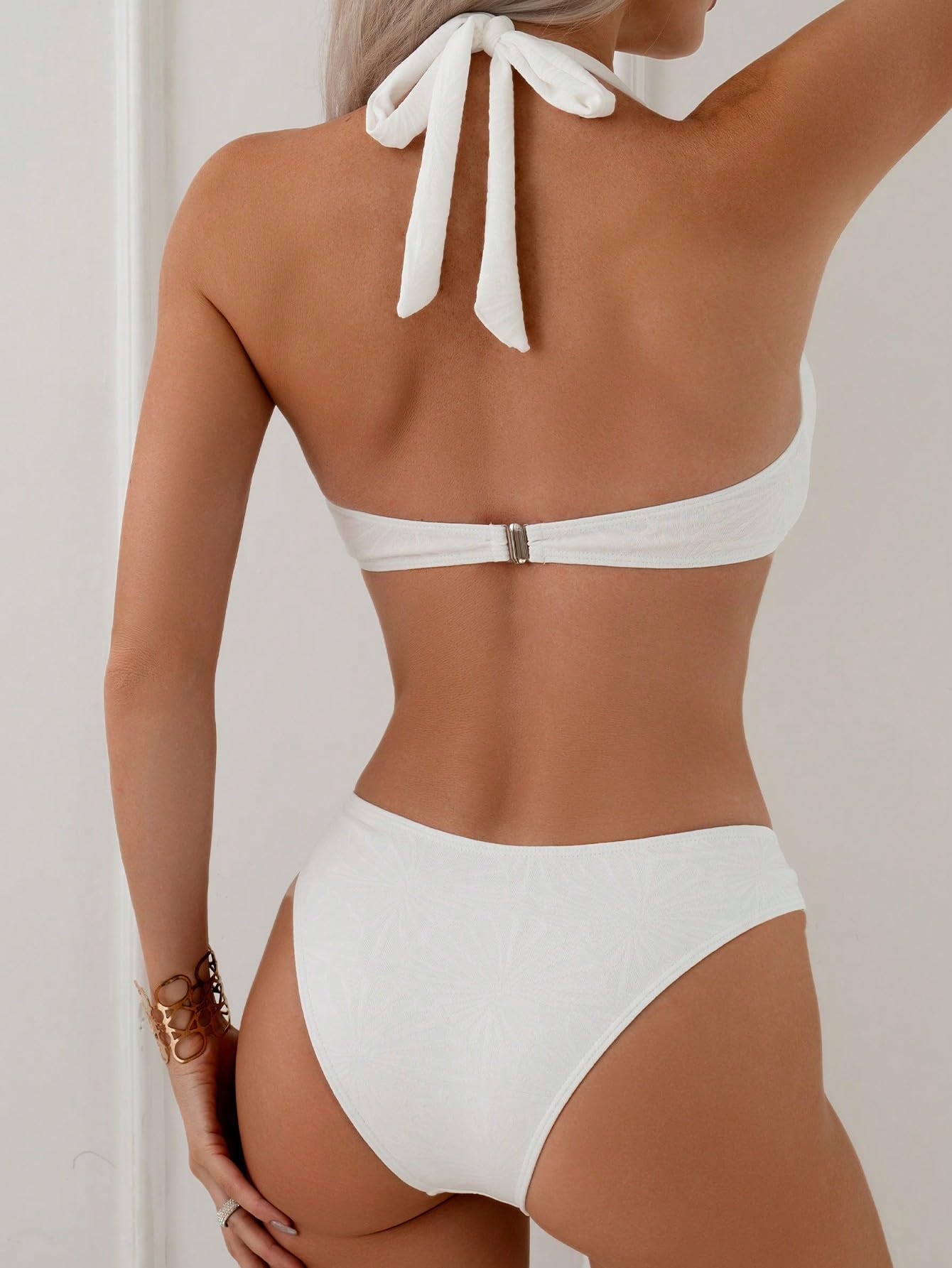 2 Piece Swimsuit Heart Shaped Ring Decorated Halter Bikini Swimwear Set