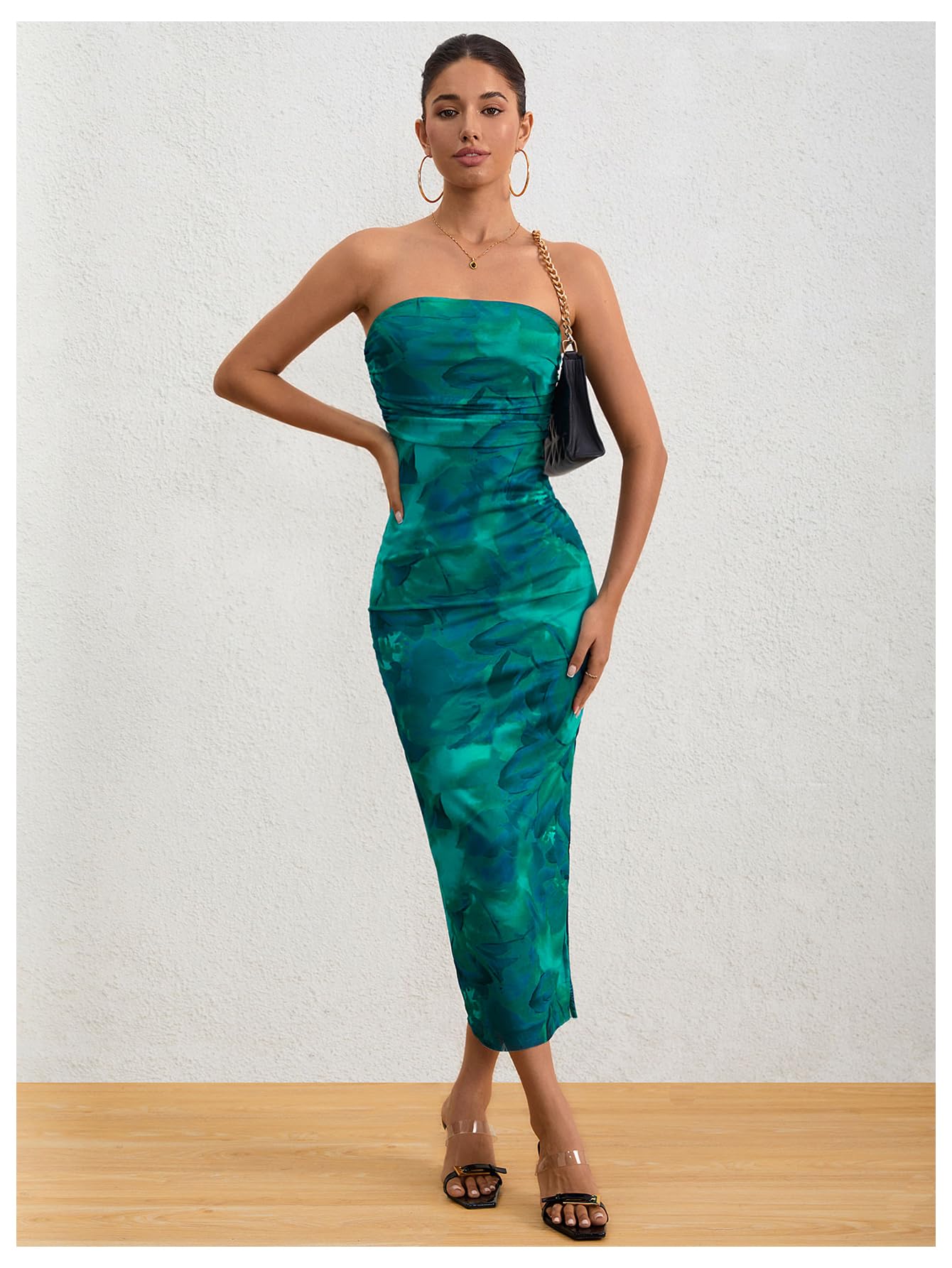 Printed Strapless Tube Top Long Dress Slit Hem Sleeveless Bodycon Maxi Dresses