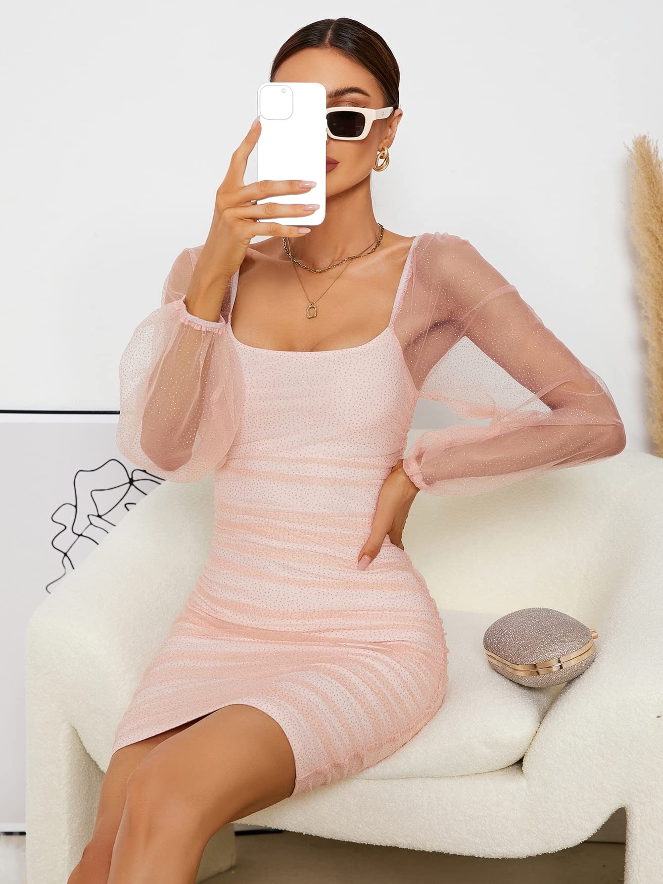 See Through Mesh Ruched Bodycon Mini Dress Square Neck Long Sleeve Short Pencil Dresses