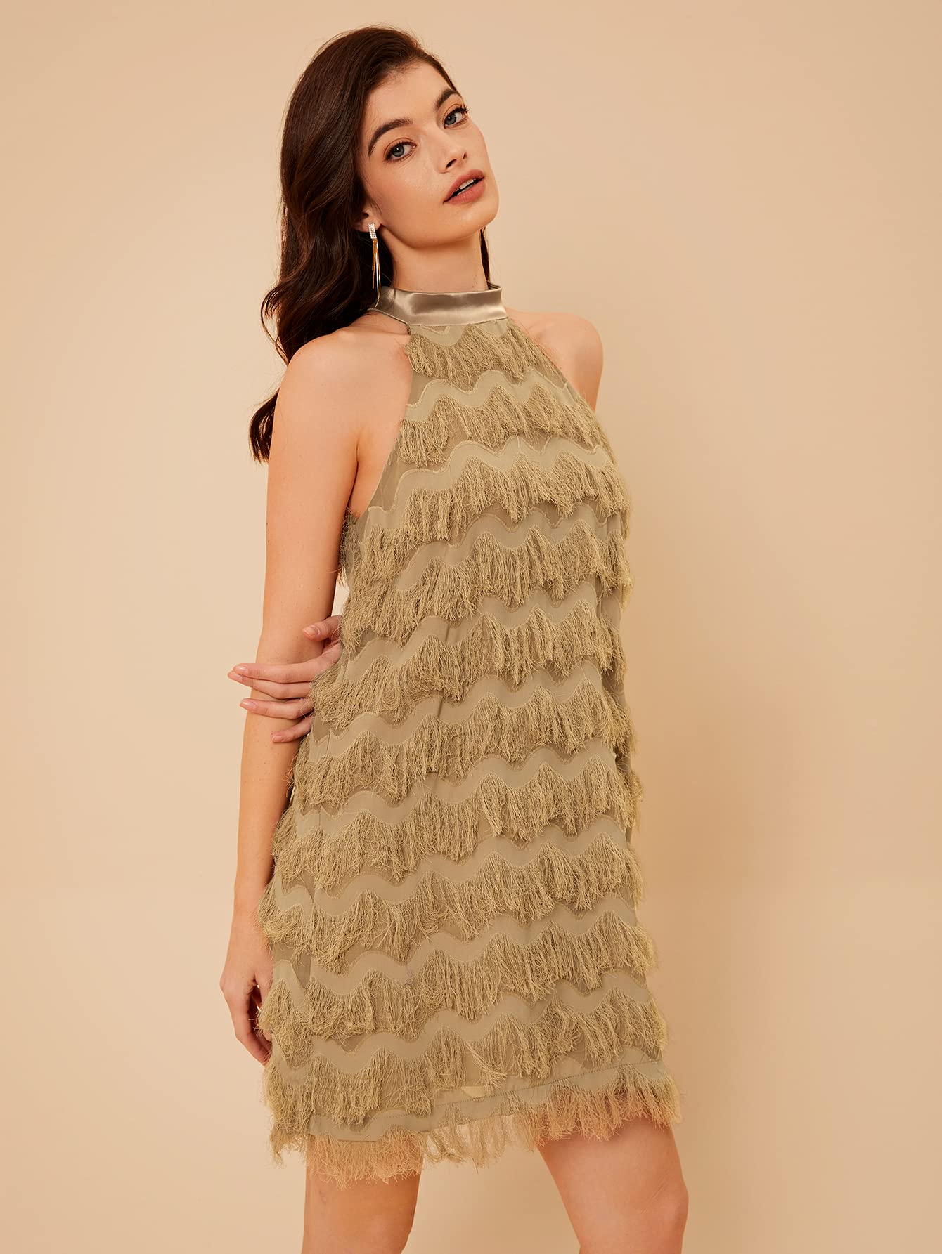 Fringe Trim Halter Sleeveless Party Straight Short Dress