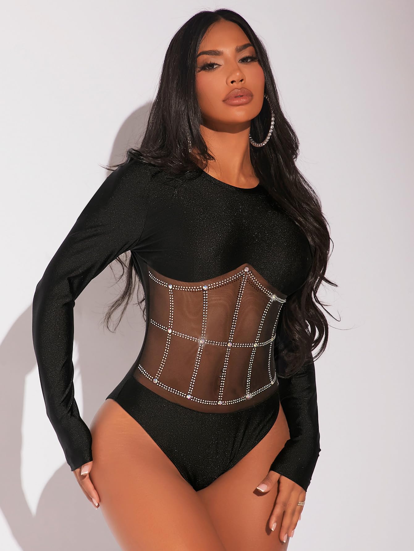Sequin Sheer Mesh Round Neck Long Sleeve Bodysuit Crewneck Club Party Shirt