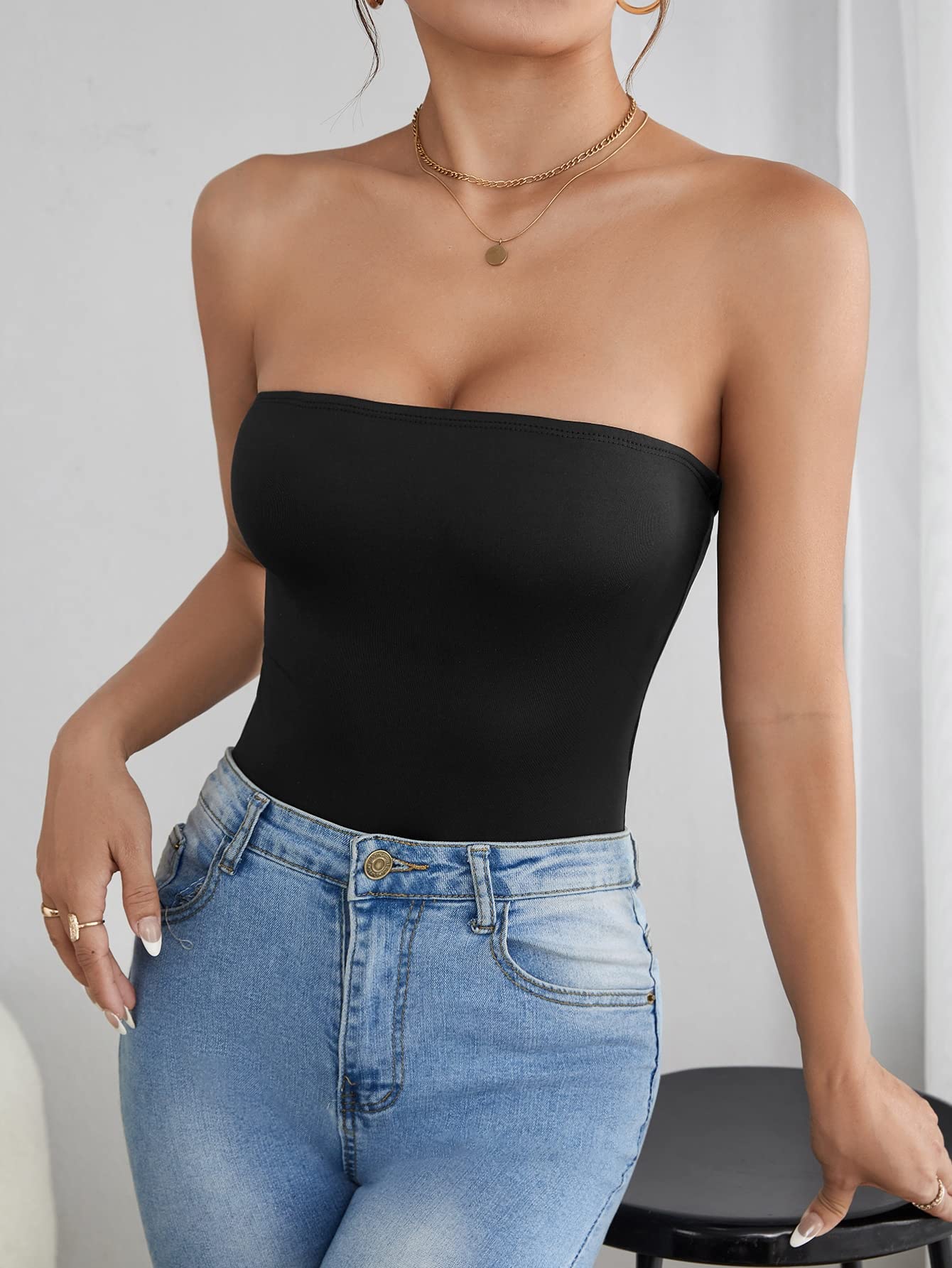 Women's Strapless Tube Bodysuit Tops Sleeveless Solid Leotard