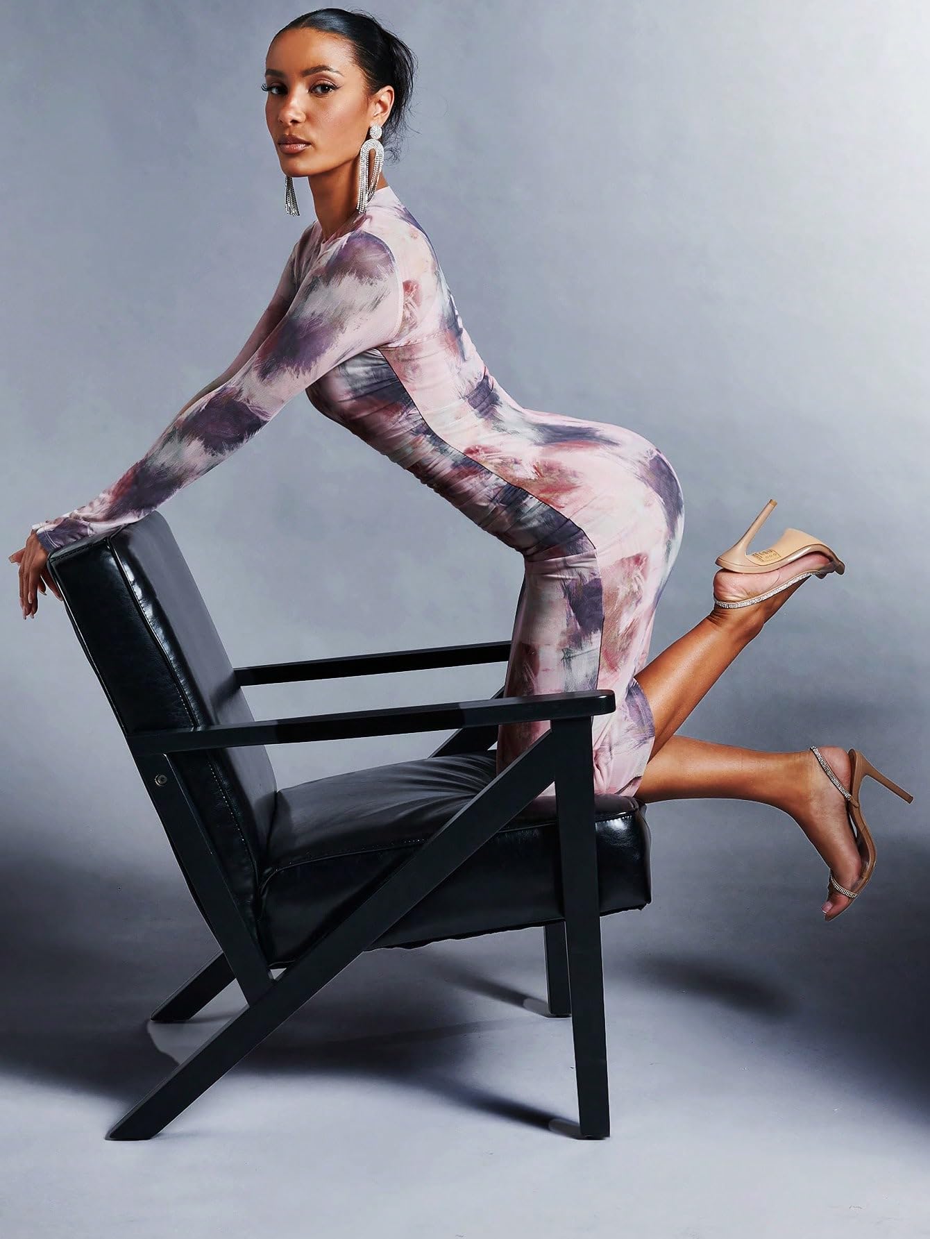 Mesh Long Sleeve Bodycon Midi Dress Sheer Ruched Tie Dye Crew Neck Dresses