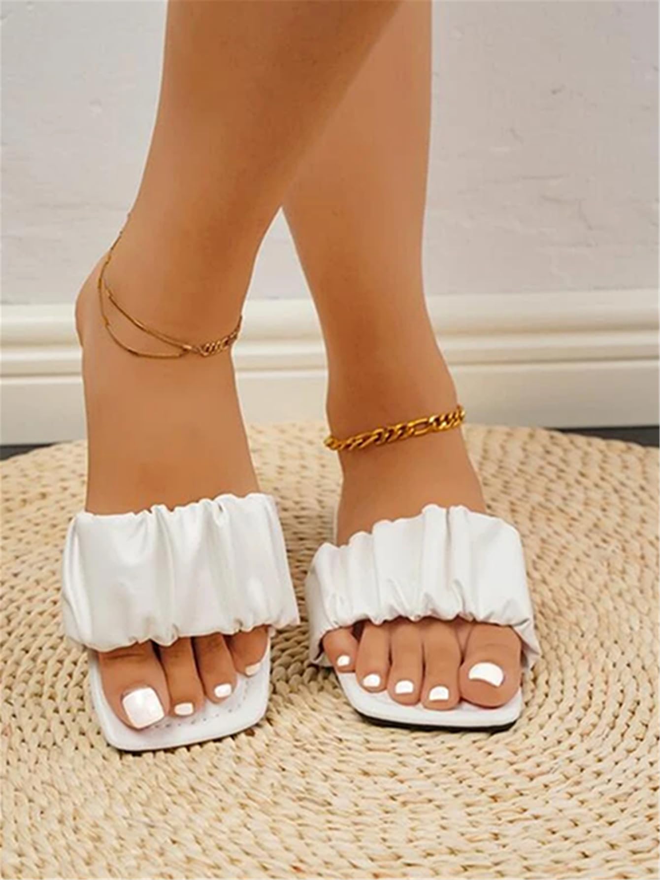 Ruched Quare Open Toe Slide Sandals Trendy Flat Sandal Slippers