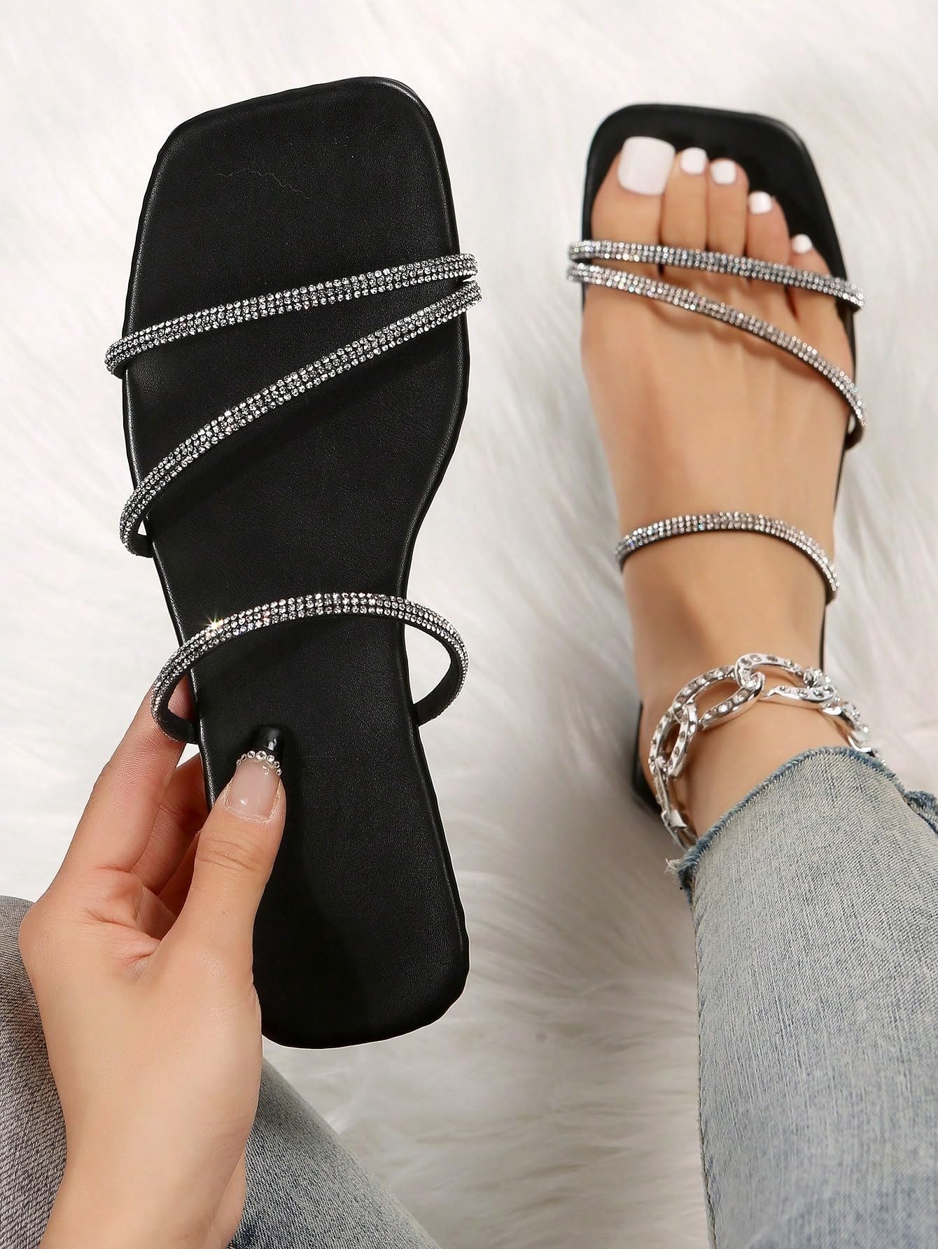 Rhinestone Strappy Flat Sandals Open Toe Slip One Slides Outdoor Sandals
