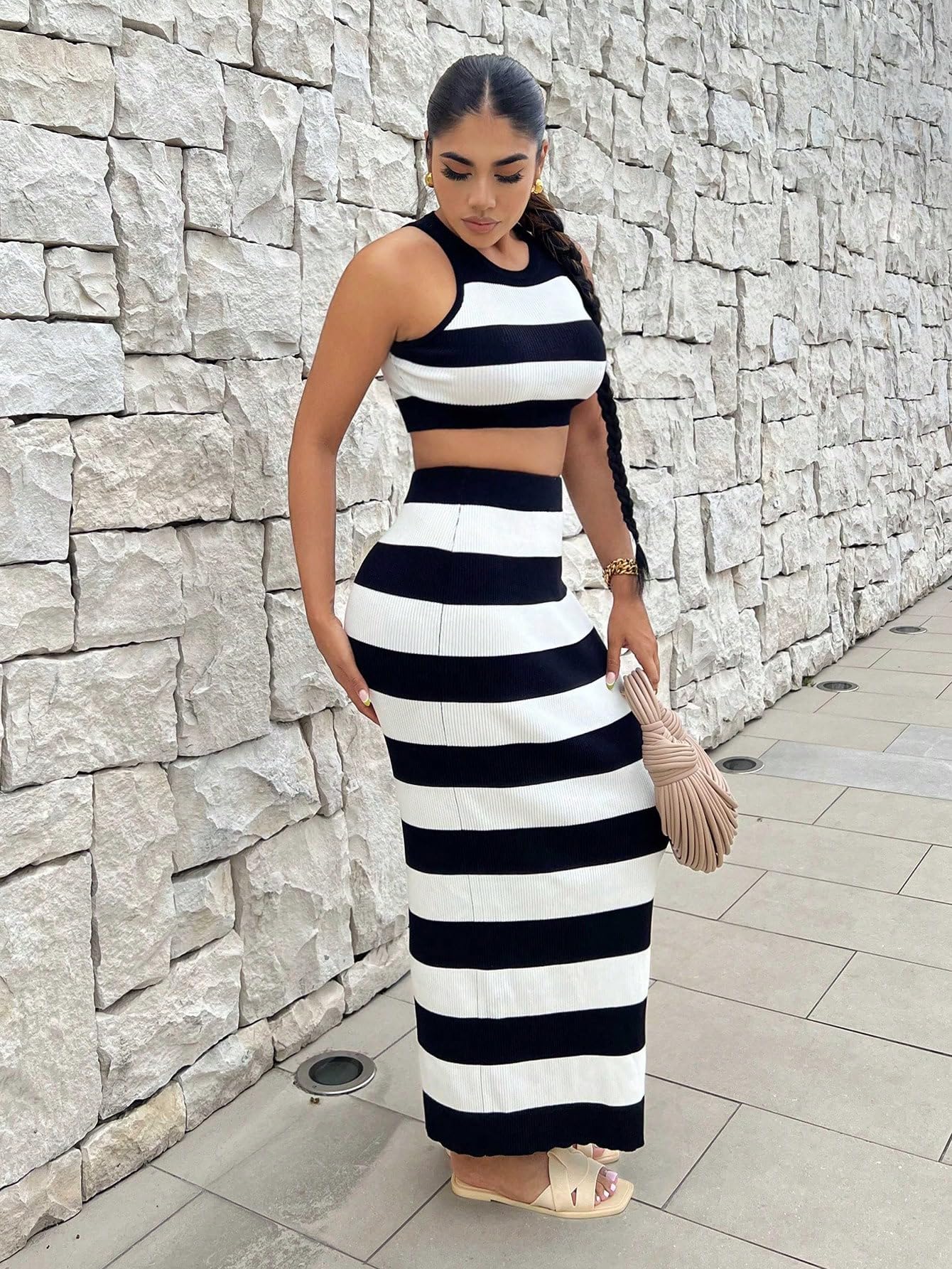 2 Piece Outfit Color Block Striped Halter Top and Ribbed Knit Bodycon Maxi Skirt Set