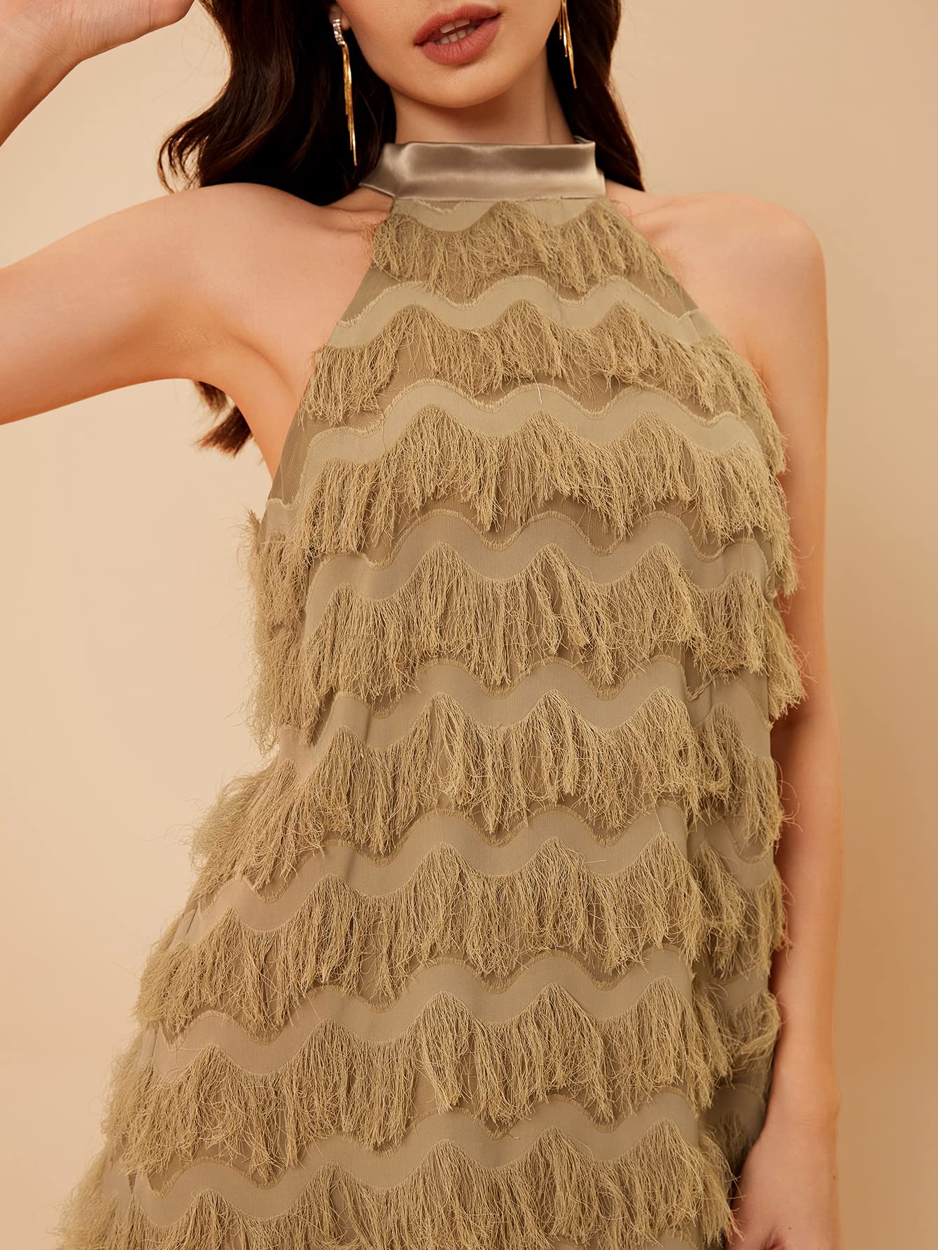 Fringe Trim Halter Sleeveless Party Straight Short Dress