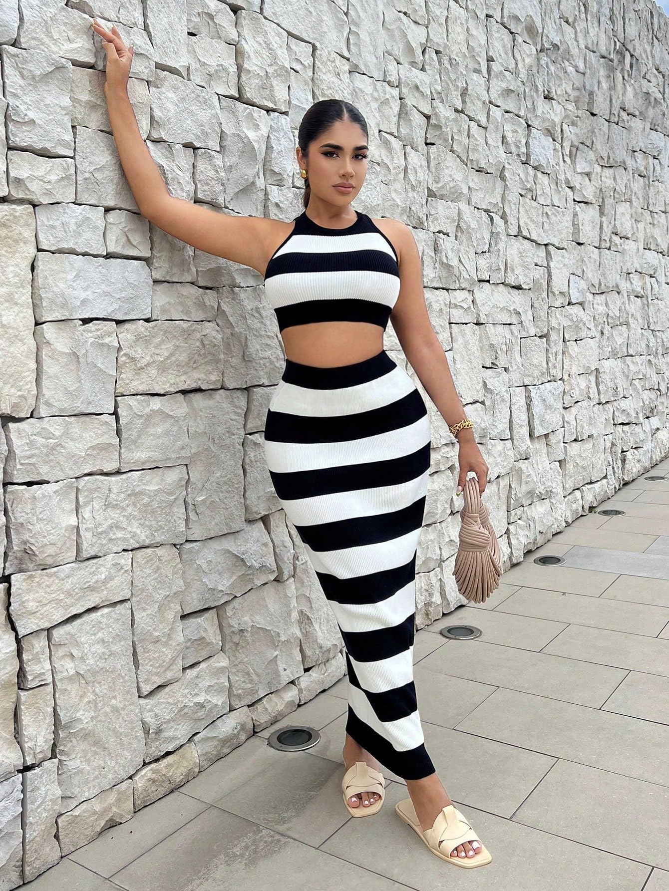 2 Piece Outfit Color Block Striped Halter Top and Ribbed Knit Bodycon Maxi Skirt Set