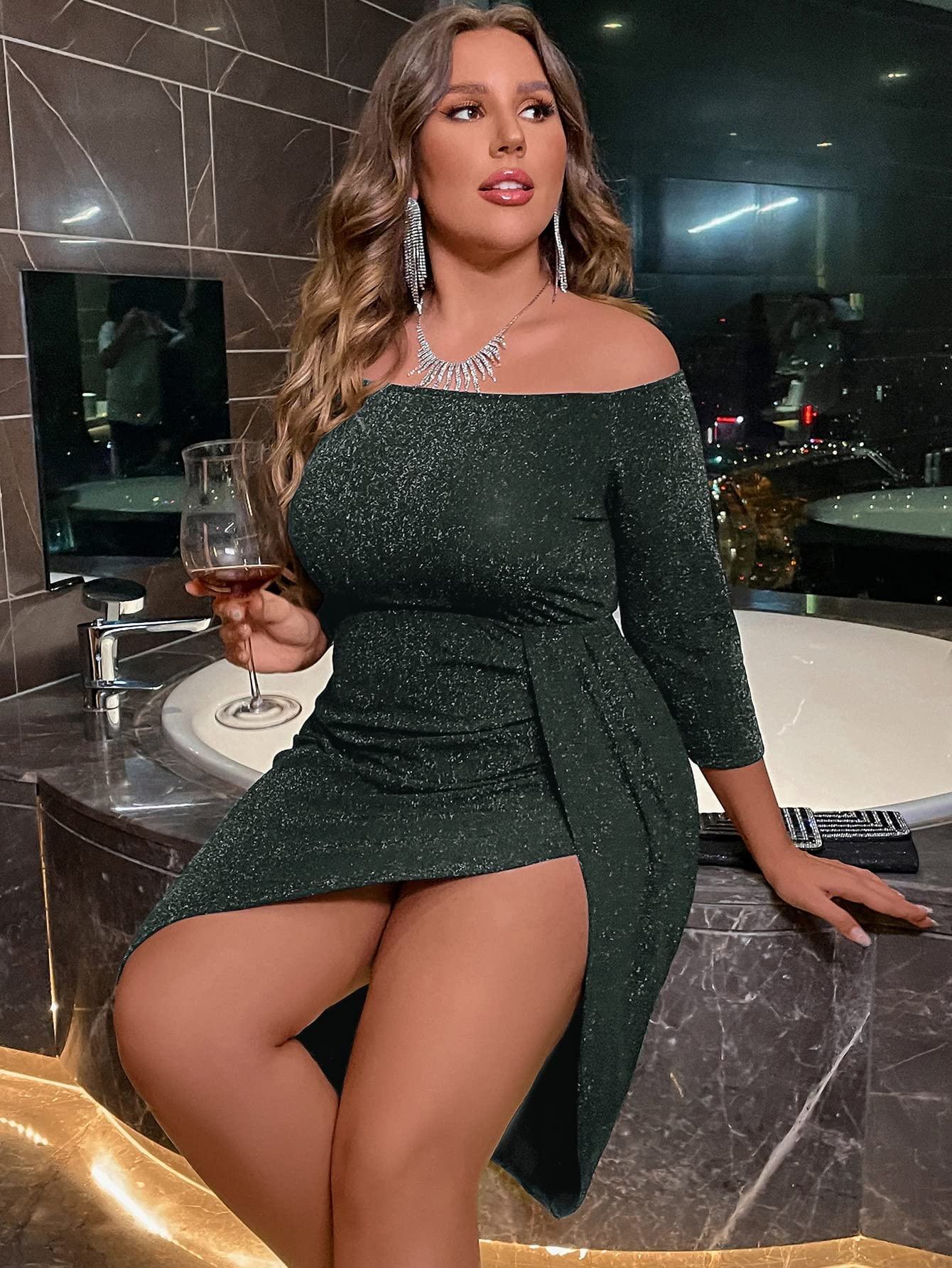 Plus Size Off The Shoulder 3/4 Sleeve Wrap Hem Cocktail Party Glitter Dress