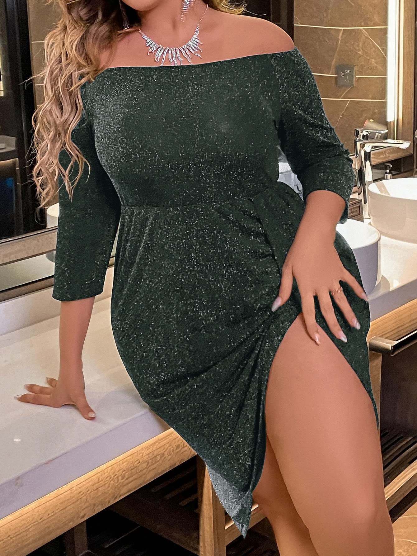 Plus Size Off The Shoulder 3/4 Sleeve Wrap Hem Cocktail Party Glitter Dress