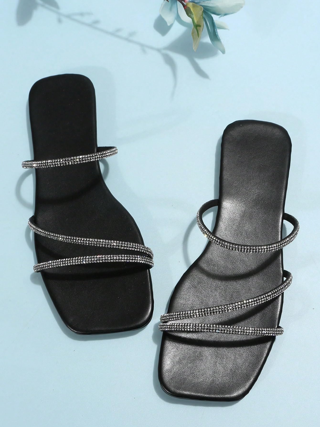 Rhinestone Strappy Flat Sandals Open Toe Slip One Slides Outdoor Sandals
