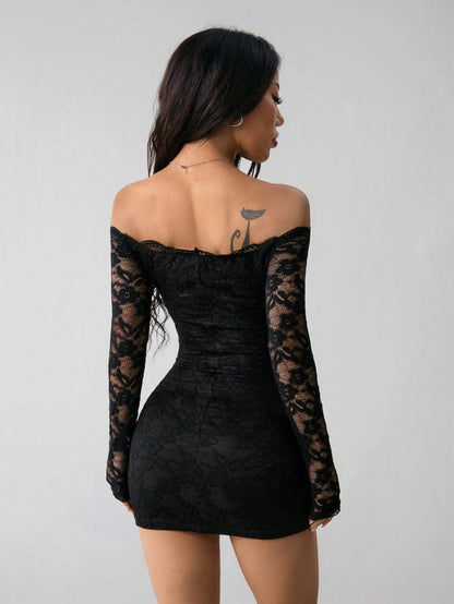 Lace Long Sleeves Mini Dress Y2K Fall Sexy Off The Shoulder Bodycon Night Out Birthday Party Dresses