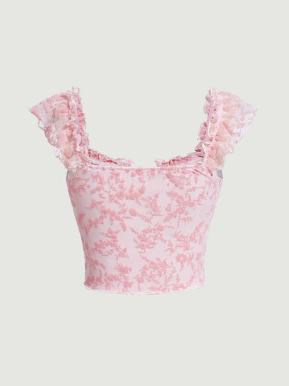 Floral Ruched Bust Sweetheart Neck Tie Front Crop Tee Cap Sleeve Bodycon Summer Going Out Top