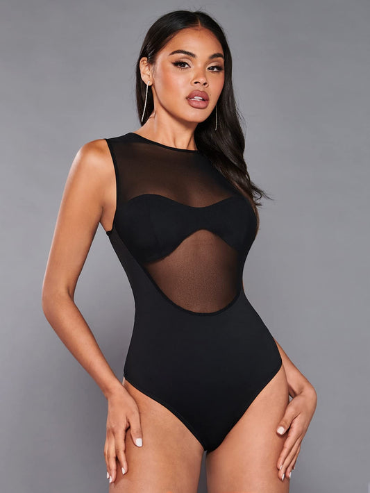 Contrast Sheer Mesh Sleeveless Sexy Bodysuit Top Party Tank Bodysuit