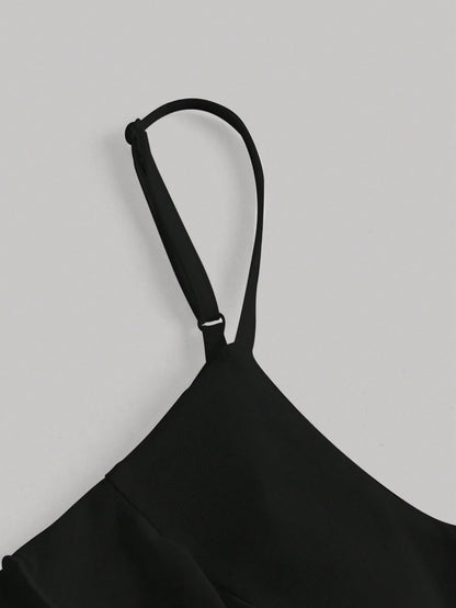 Contrast Mesh Ruffle Asymmetrical Hem Sleeveless Bodycon Cami Dress