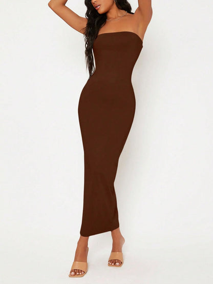 Solid Strapless Sleeveless Bandeau Tube Top Bodycon Maxi Dress