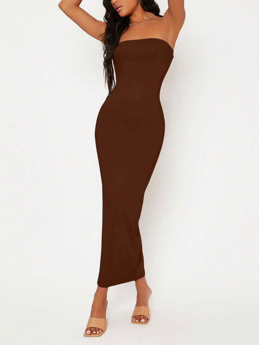 Solid Strapless Sleeveless Bandeau Tube Top Bodycon Maxi Dress