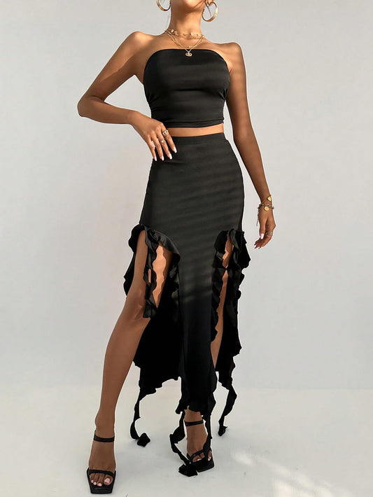 2 Piece Outfits Solid Tube Top and Ruffle Trim Asymmetrical Hem Skirt Sets