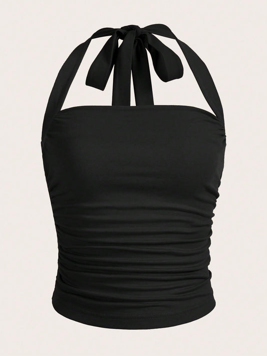 Women's Ruched Halter Y2K Crop Tops Tie Back Sleeveless Slim Fit Cami Tops