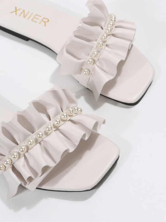 Ruffle Pearl Flat Sandals Square Open Toe Slip On Slides Summer Sandals